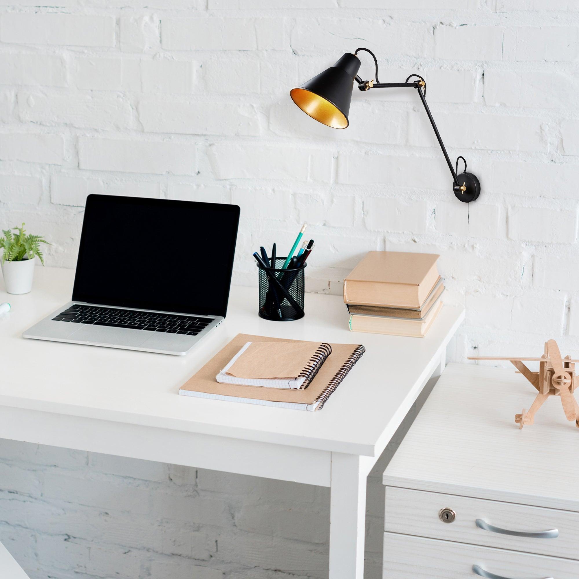 swing arm adjustable black gold wall light 7403bk by searchlighting lighting, living room image