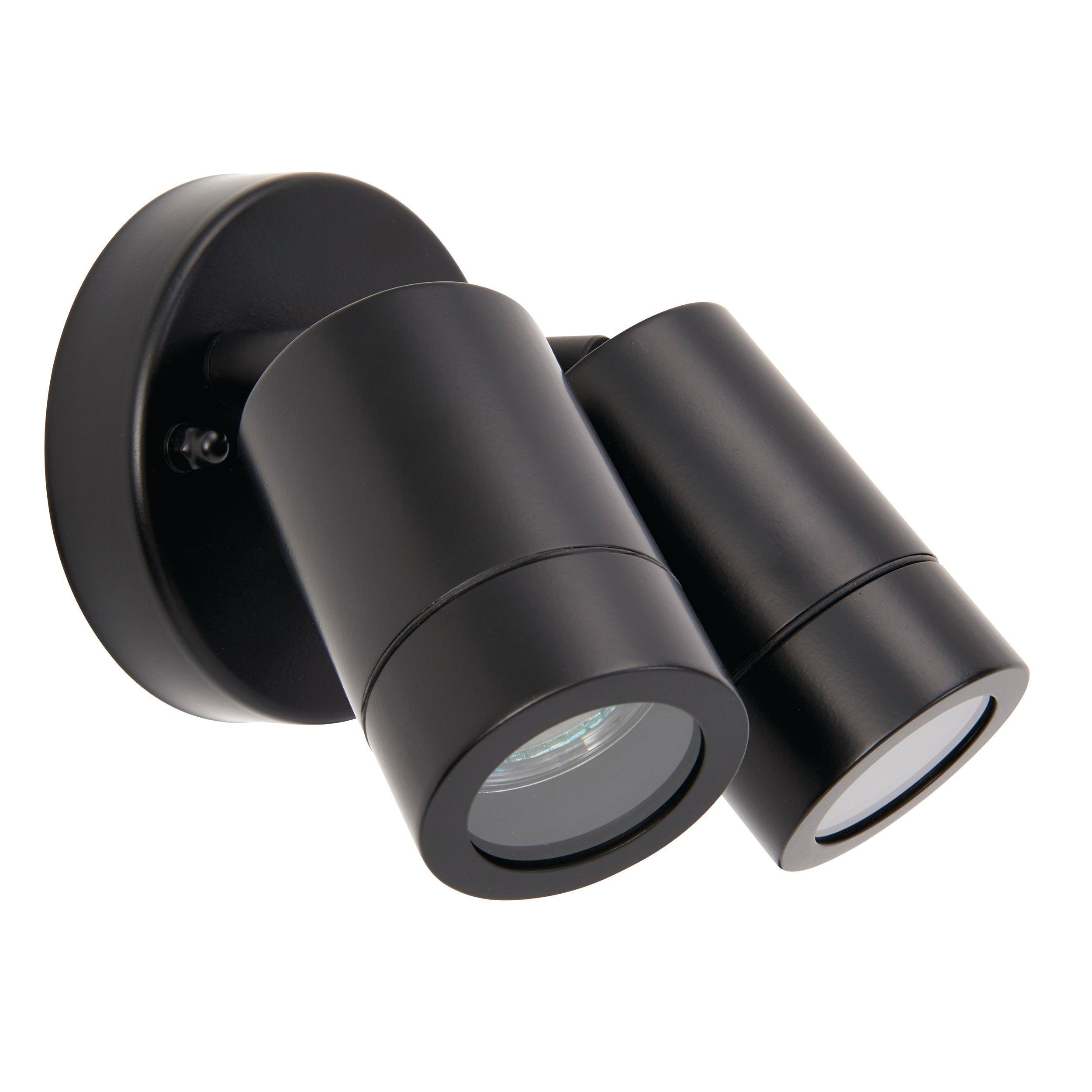 palin black twin outdoor spot wall light ip44 7wby Saxby Lighting, close up image