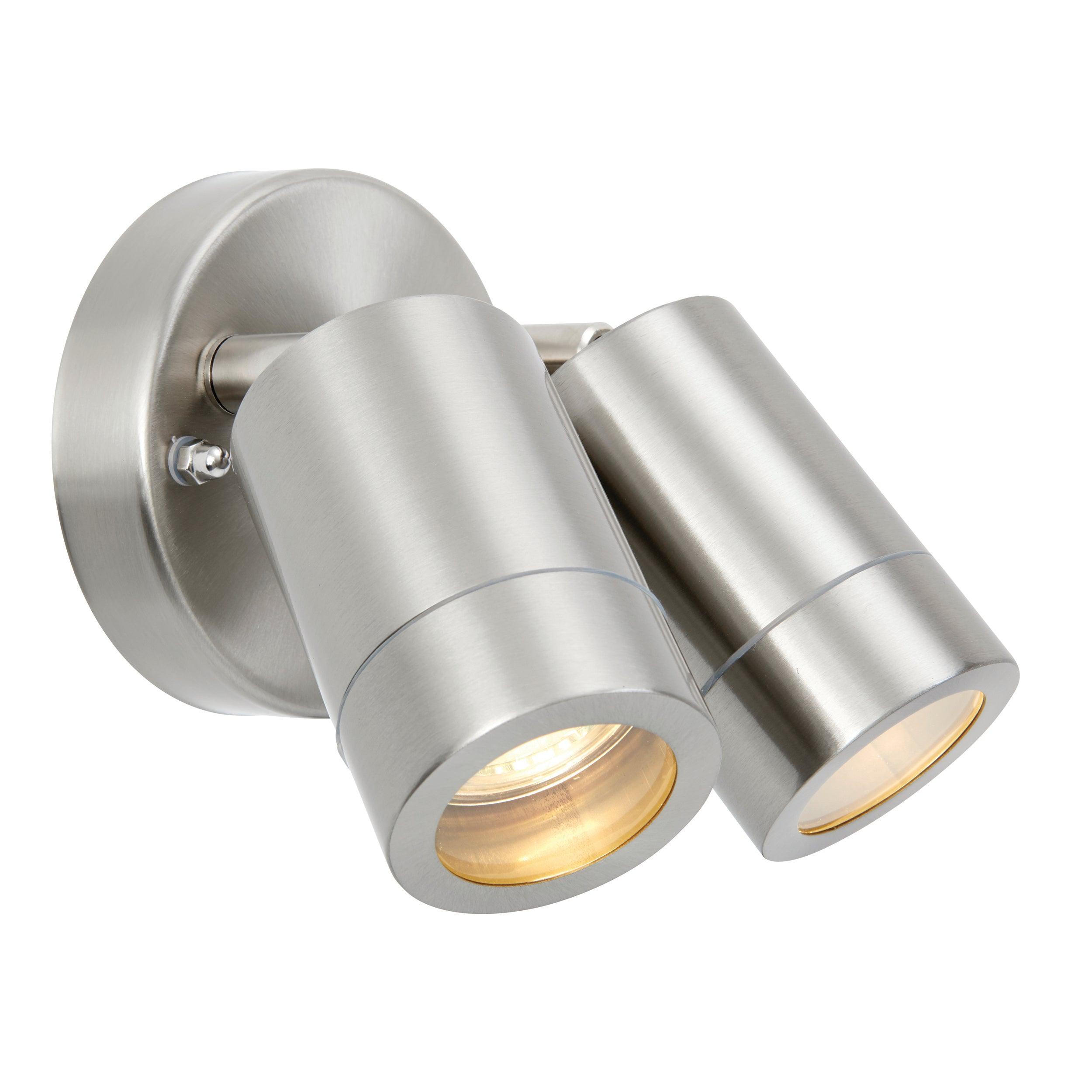 palin stainless steel twin outdoor spot wall light ip44 7wby saxby lighting