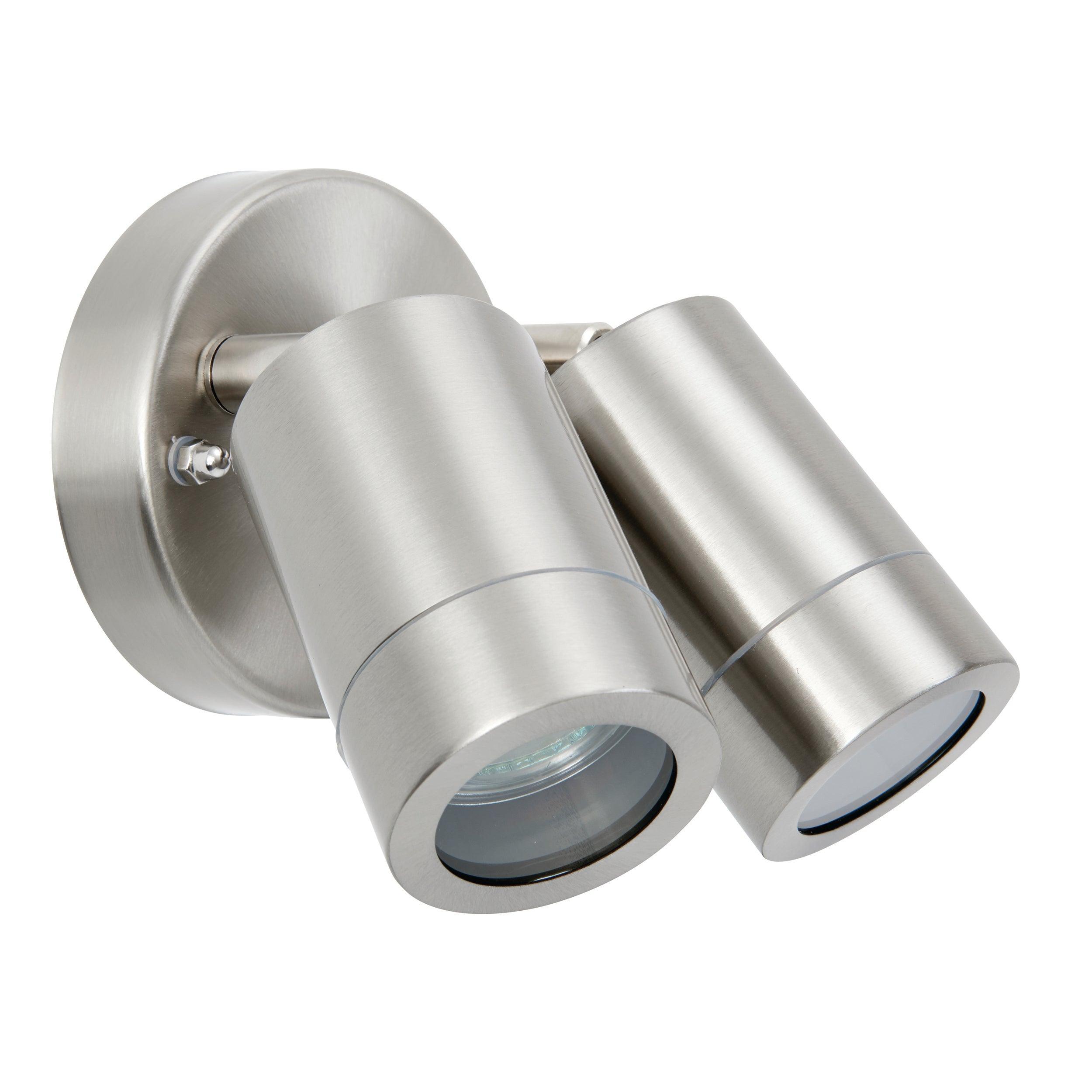 palin stainless steel twin outdoor spot wall light ip44 7wby Saxby Lighting, close up image