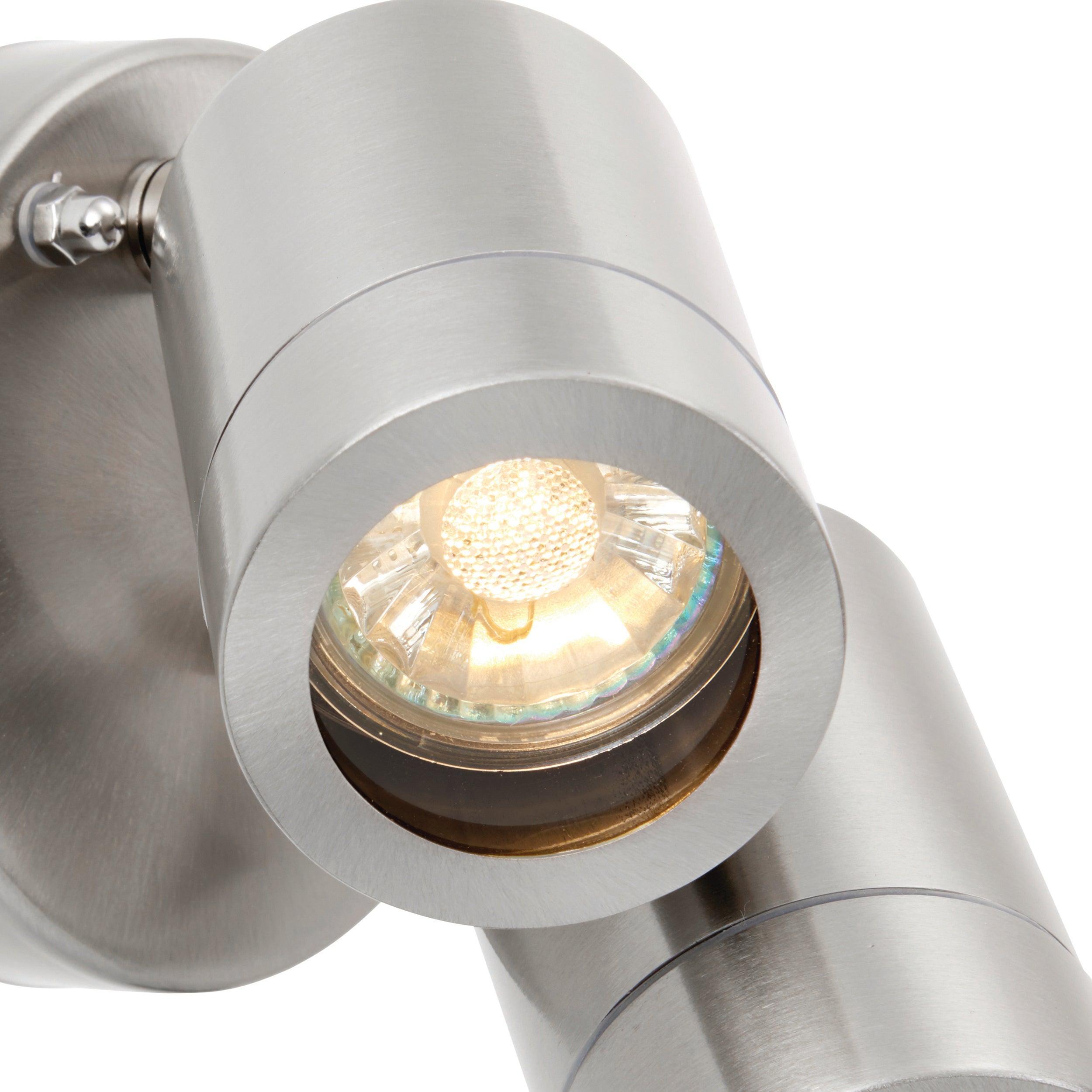 palin stainless steel twin outdoor spot wall light ip44 7w by saxby lighting, close up image 149