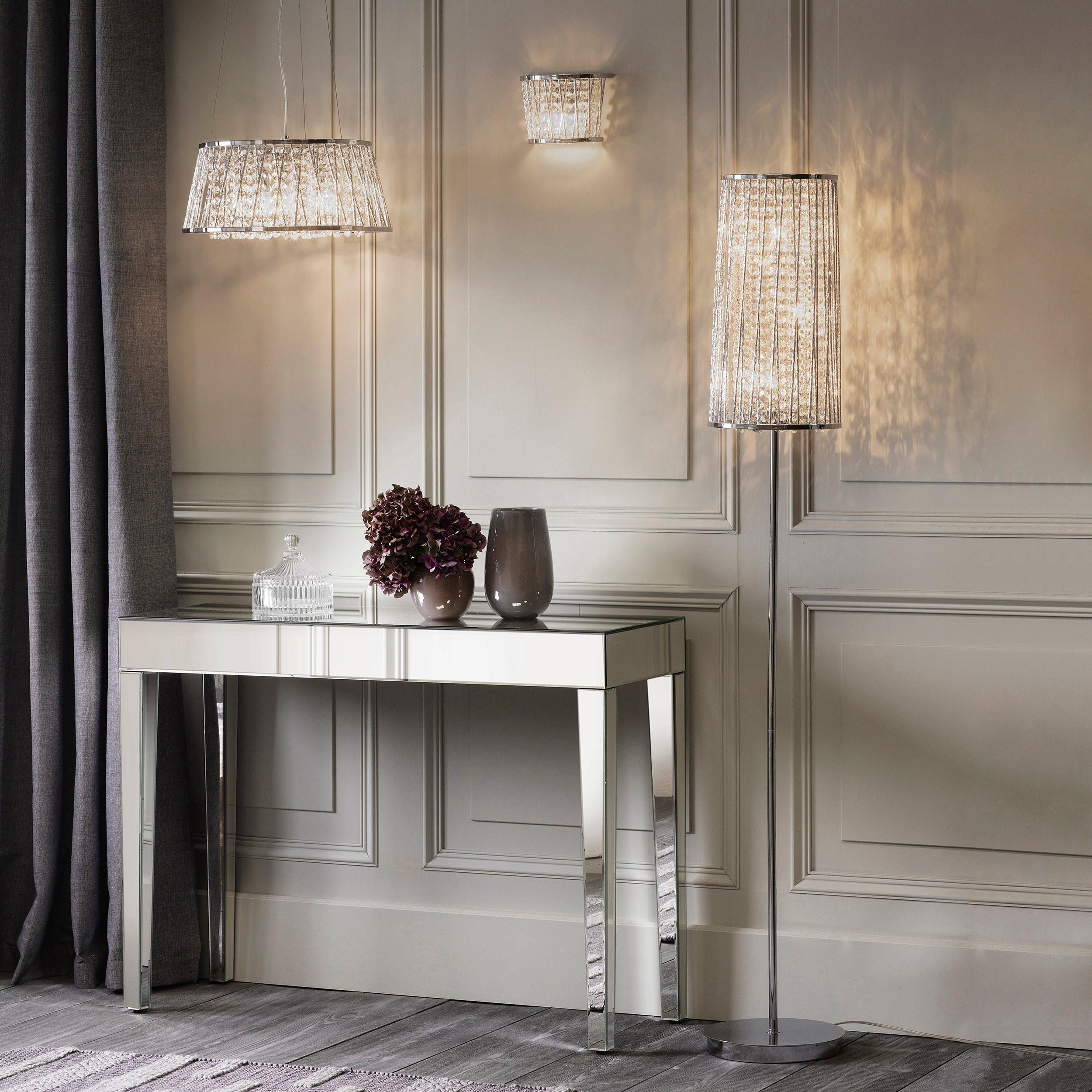 Endon Sophia 5 Light Chrome & Crystal Ceiling Pendant-Ceiling Pendant Lights-Endon Lighting living room close. up unlit Tiffany Lighting Direct