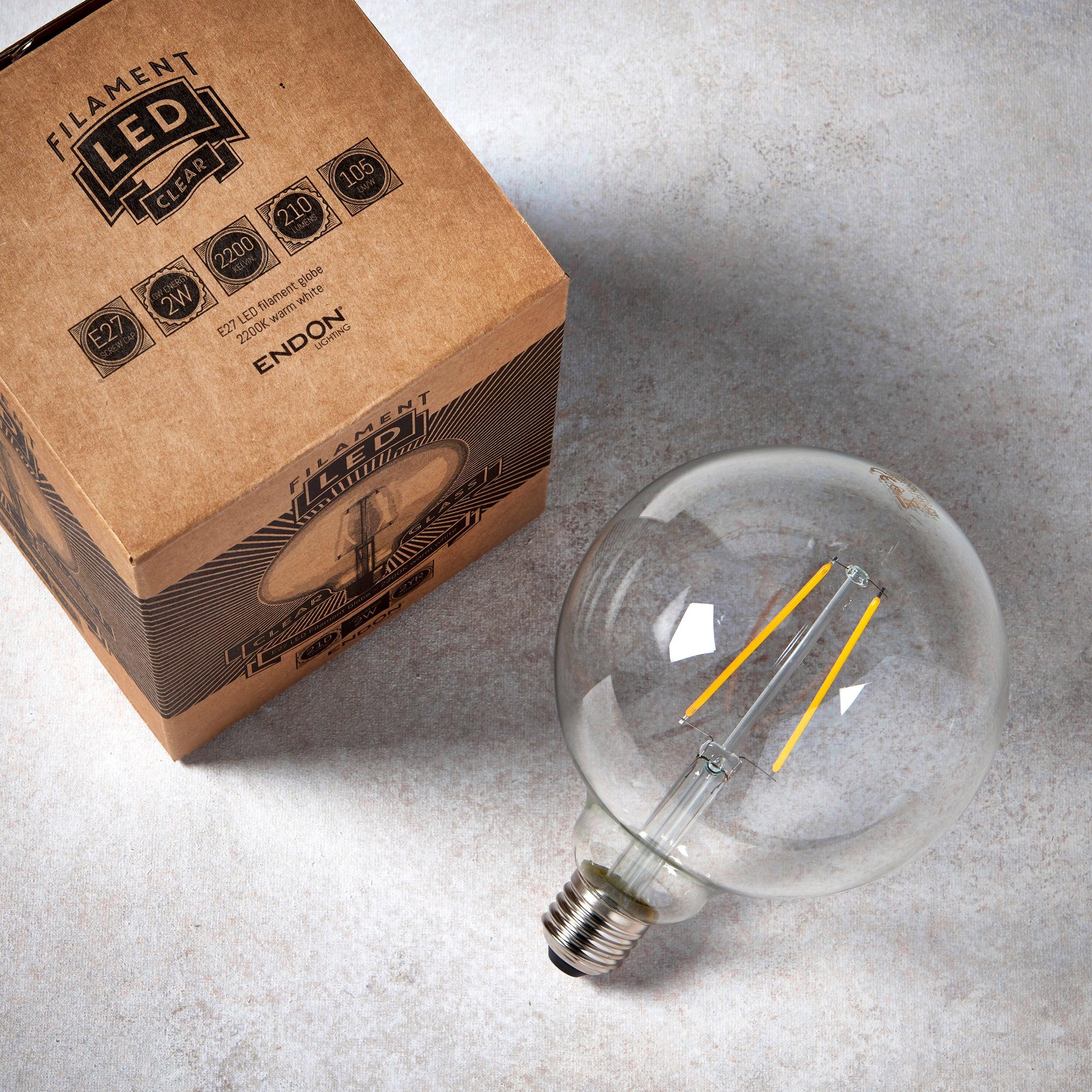 e27 led large globe filament led 2w light bulb 125mm dia Close Up Lit Image