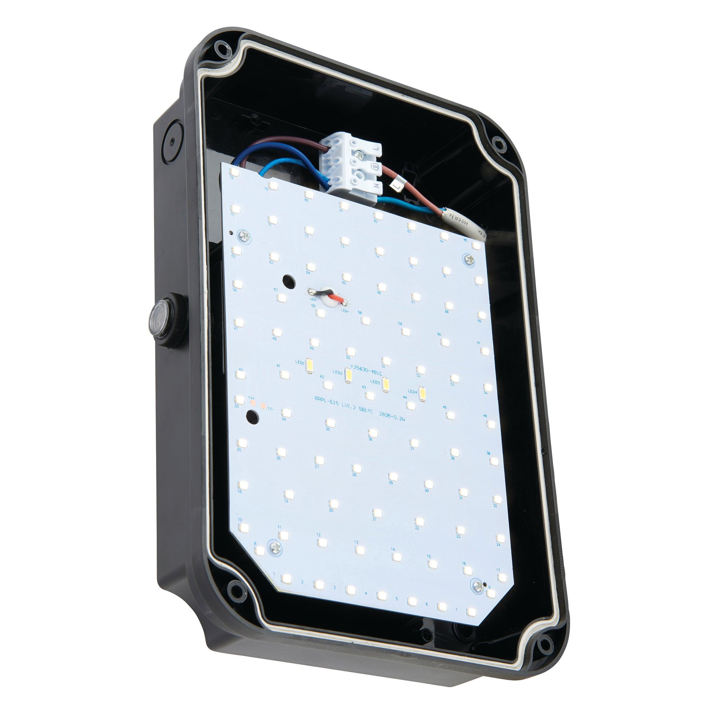 lucca black small led outdoor wall light ip65 with photocell sensor by saxby lighting, close up image 185