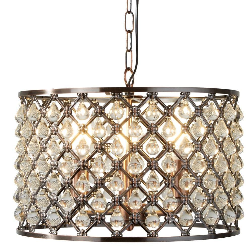 Marquise 3 Light Drum Copper/Crystal Teardrop Pendant-Ceiling Pendant Lights-1-Tiffany Lighting Direct