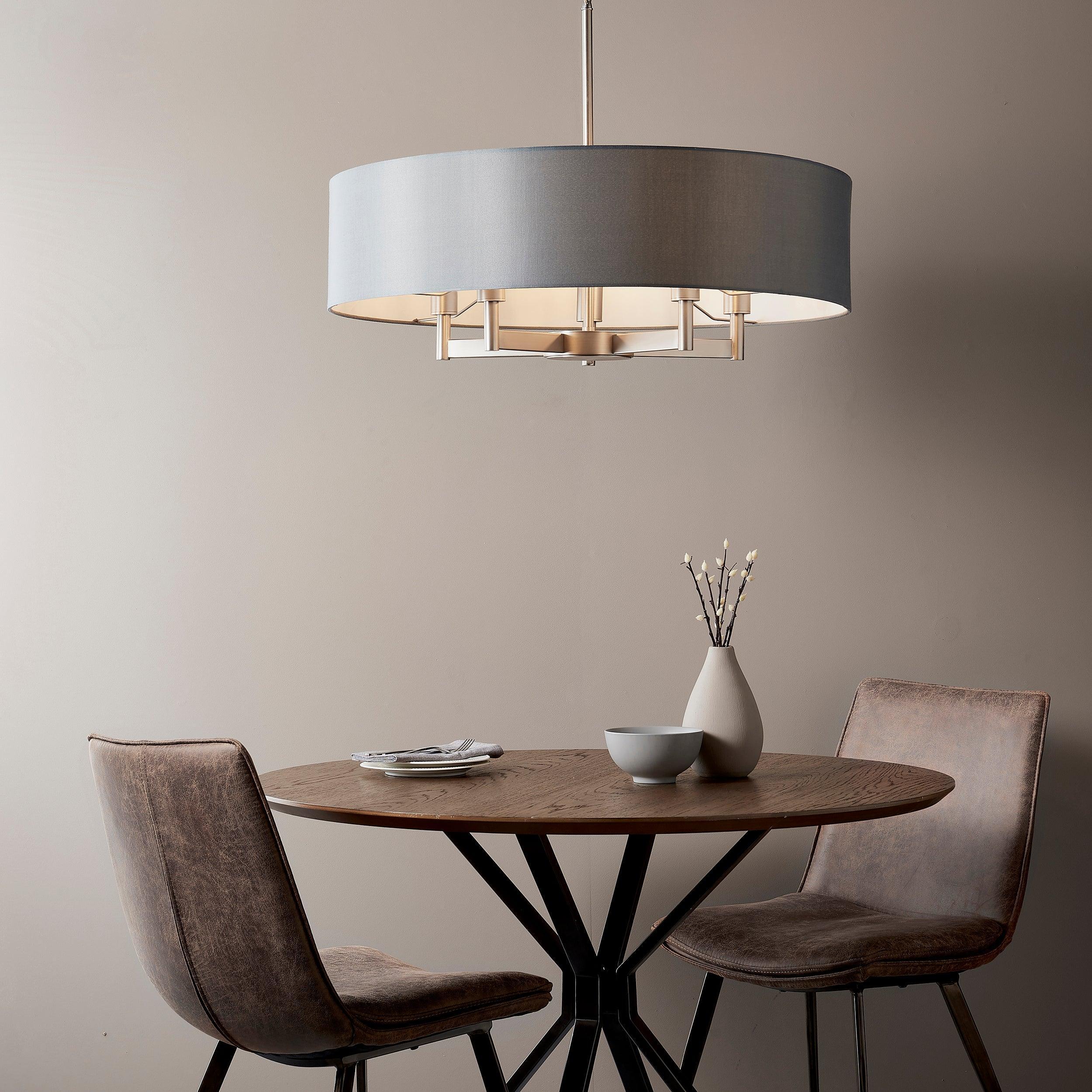 Clere 5 Light Nickel Pendant Ceiling Light - Grey Shade-Ceiling Pendant Lights-Living Lights Living Room Close Up Lighting Tiffany Lighting Direct