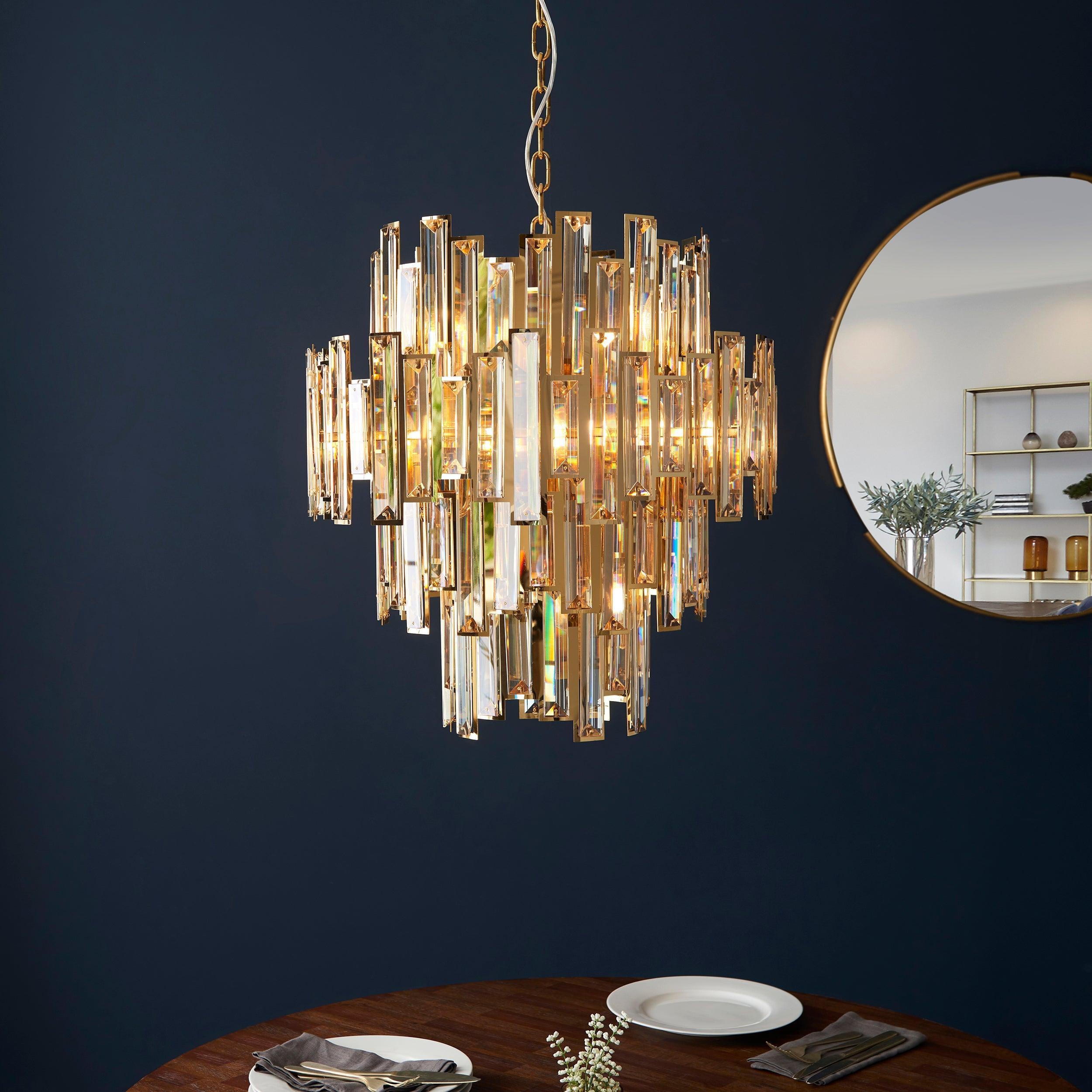 Aura 12 Light Gold & Champagne Crystal Ceiling Pendant-Ceiling Pendant Lights-Living Lights Living Room Close Up Lighting Tiffany Lighting Direct
