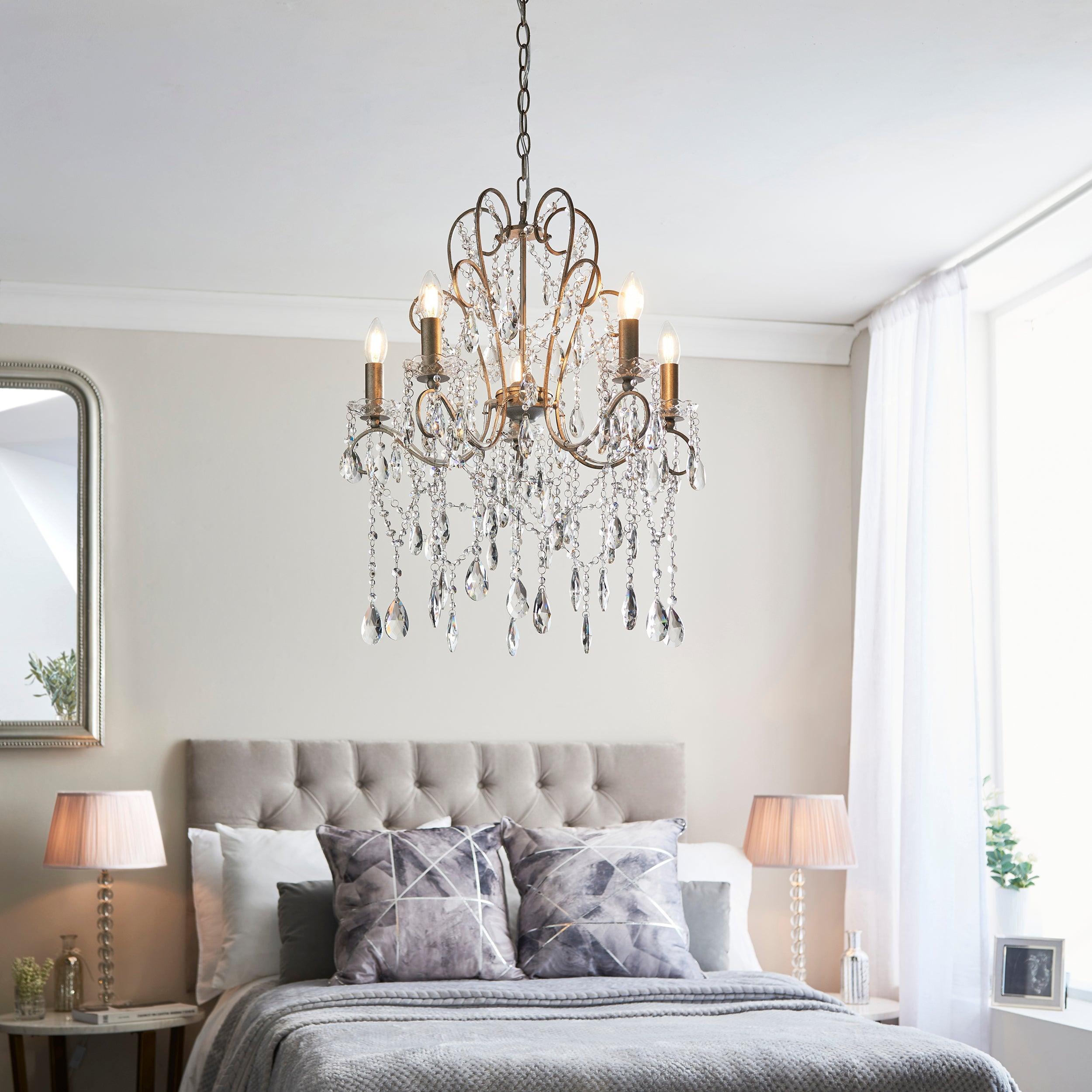 Paddington 5 Light Antique Silver & Crystal Glass Pendant-Ceiling Pendant Lights-Living Lights Living Room Wide Shot Lighting Tiffany Lighting Direct