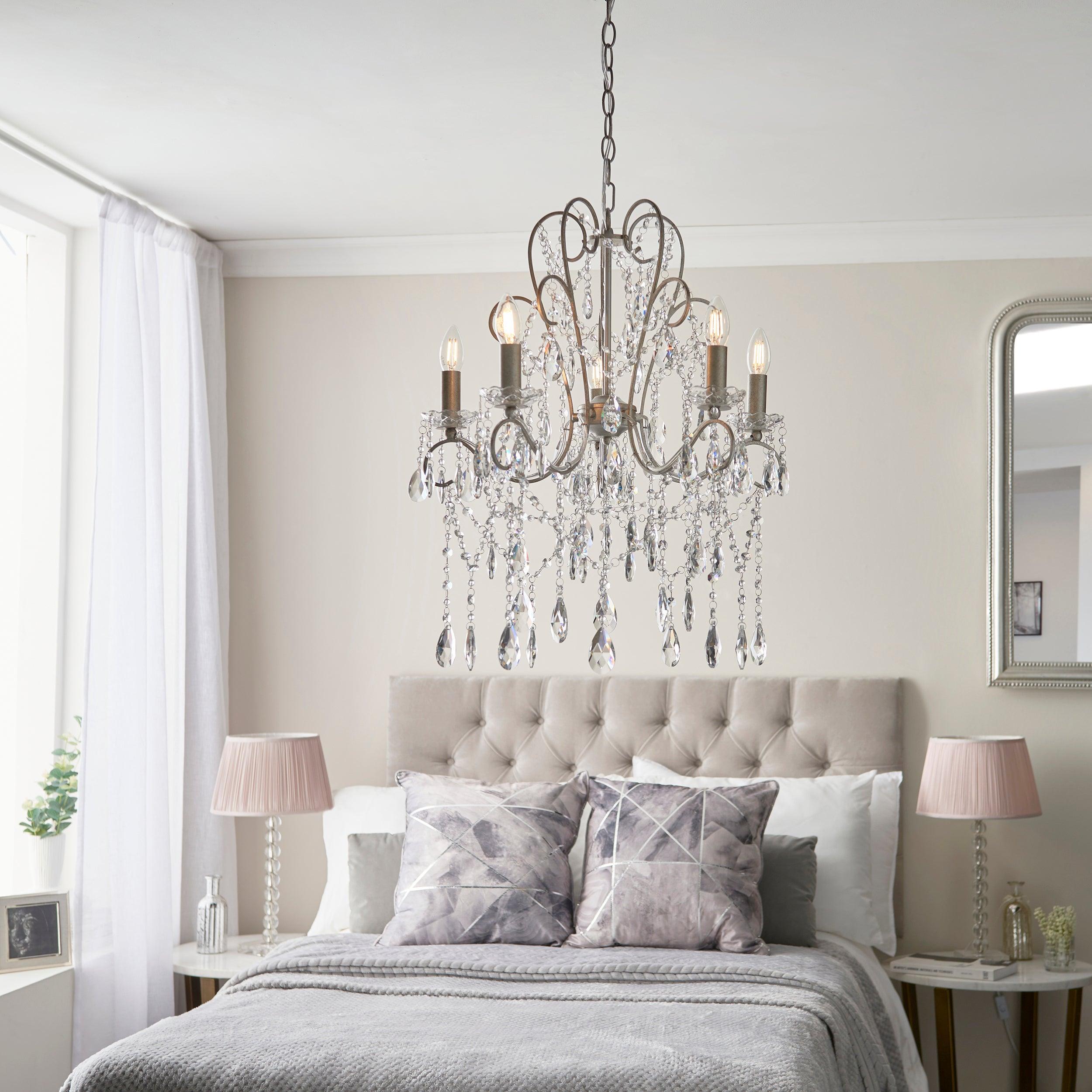 Paddington 5 Light Antique Silver & Crystal Glass Pendant-Ceiling Pendant Lights-Living Lights living room close up Tiffany Lighting Direct