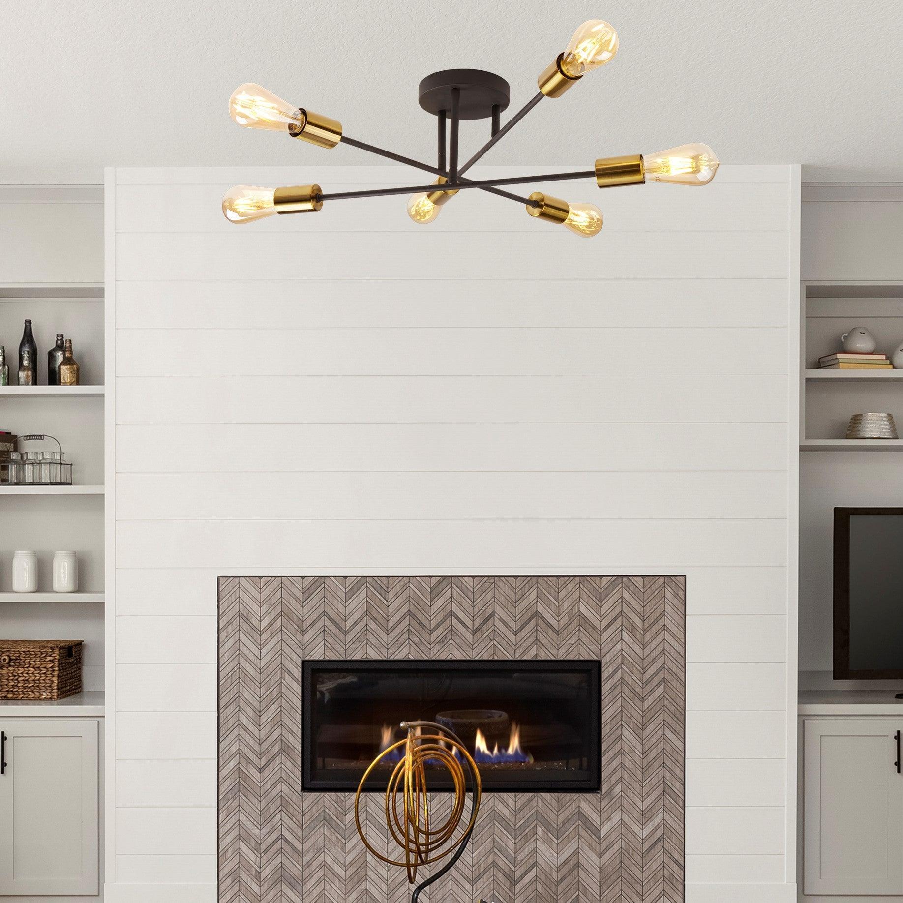 Armstrong 6 Light Black & Satin Brass Ceiling Light Living room close up