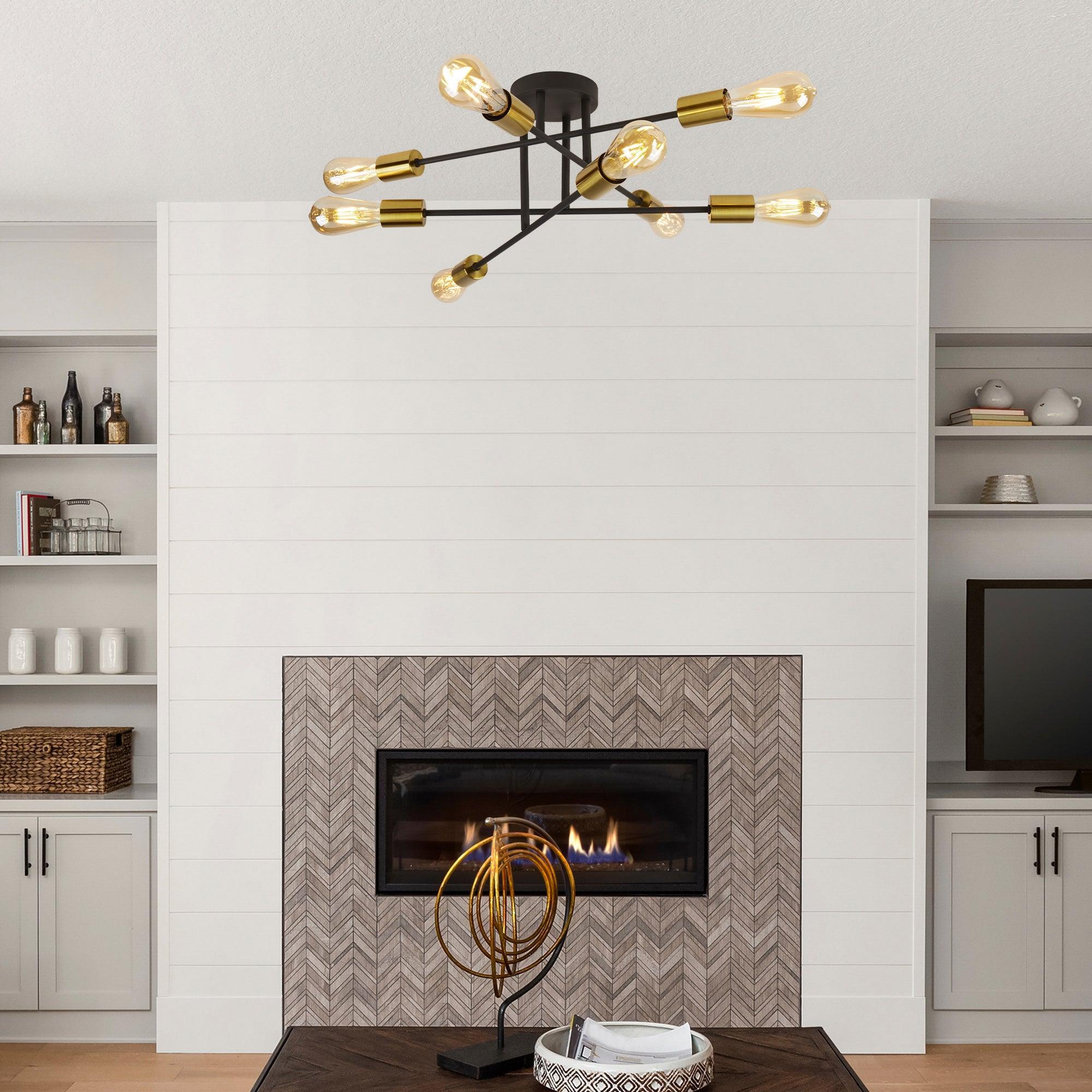 Armstrong 8 Light Black And Satin Brass Ceiling Light Living room close up