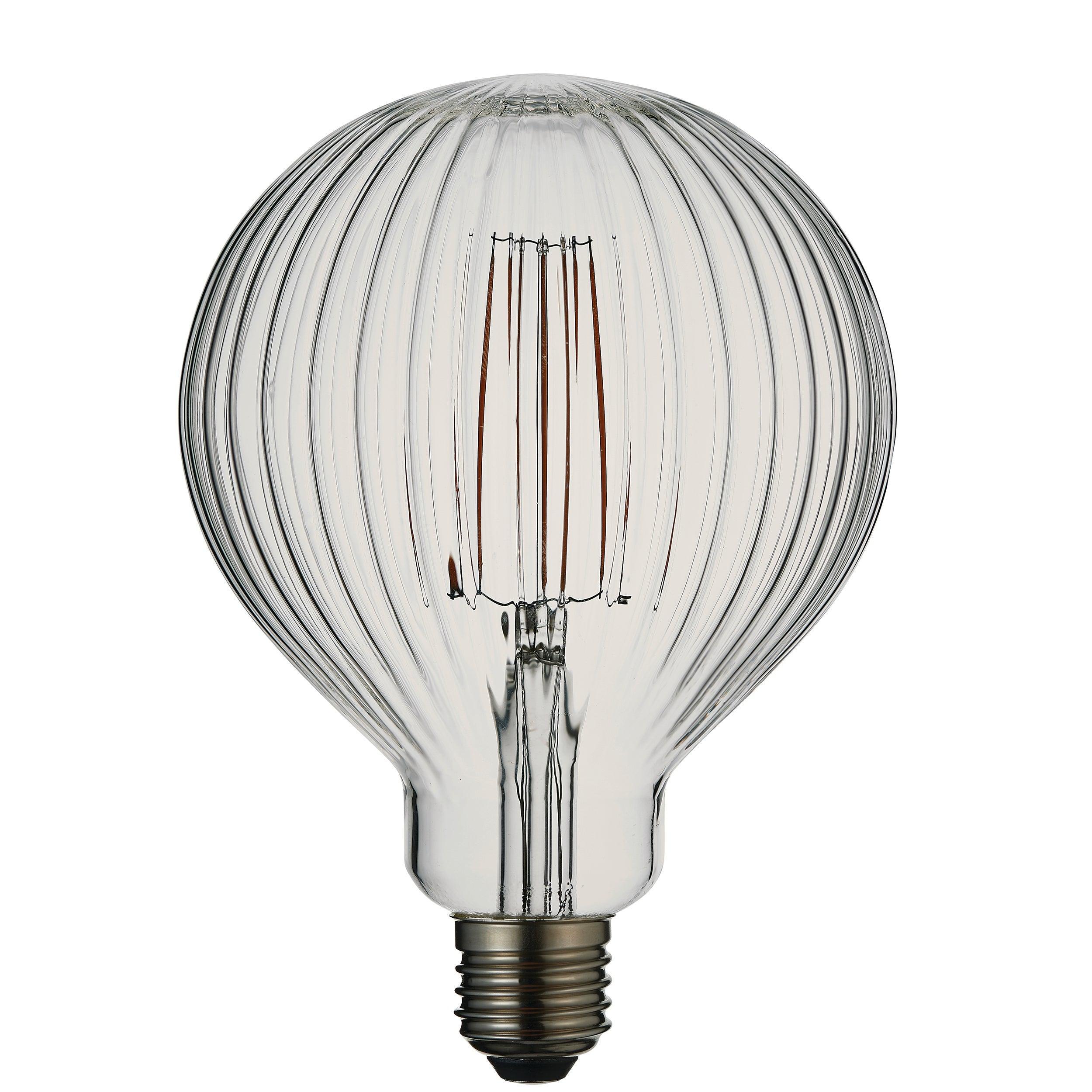 ribb e27 clear glass ribbed 4w led light bulb 125mm Close Up Lit Image