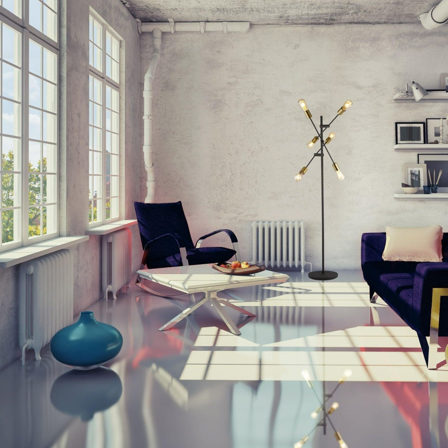 armstrong 6 light black and satin brass floor lamp by searchlighting lighting, living room image