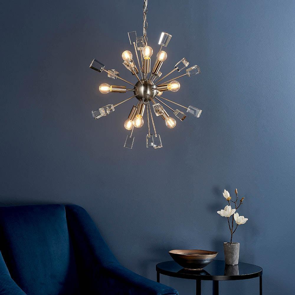 Endon Miro 9 Light Satin Nickel Pendant Ceiling Light-Ceiling Pendant Lights-Endon Lighting living room close. up unlit Tiffany Lighting Direct