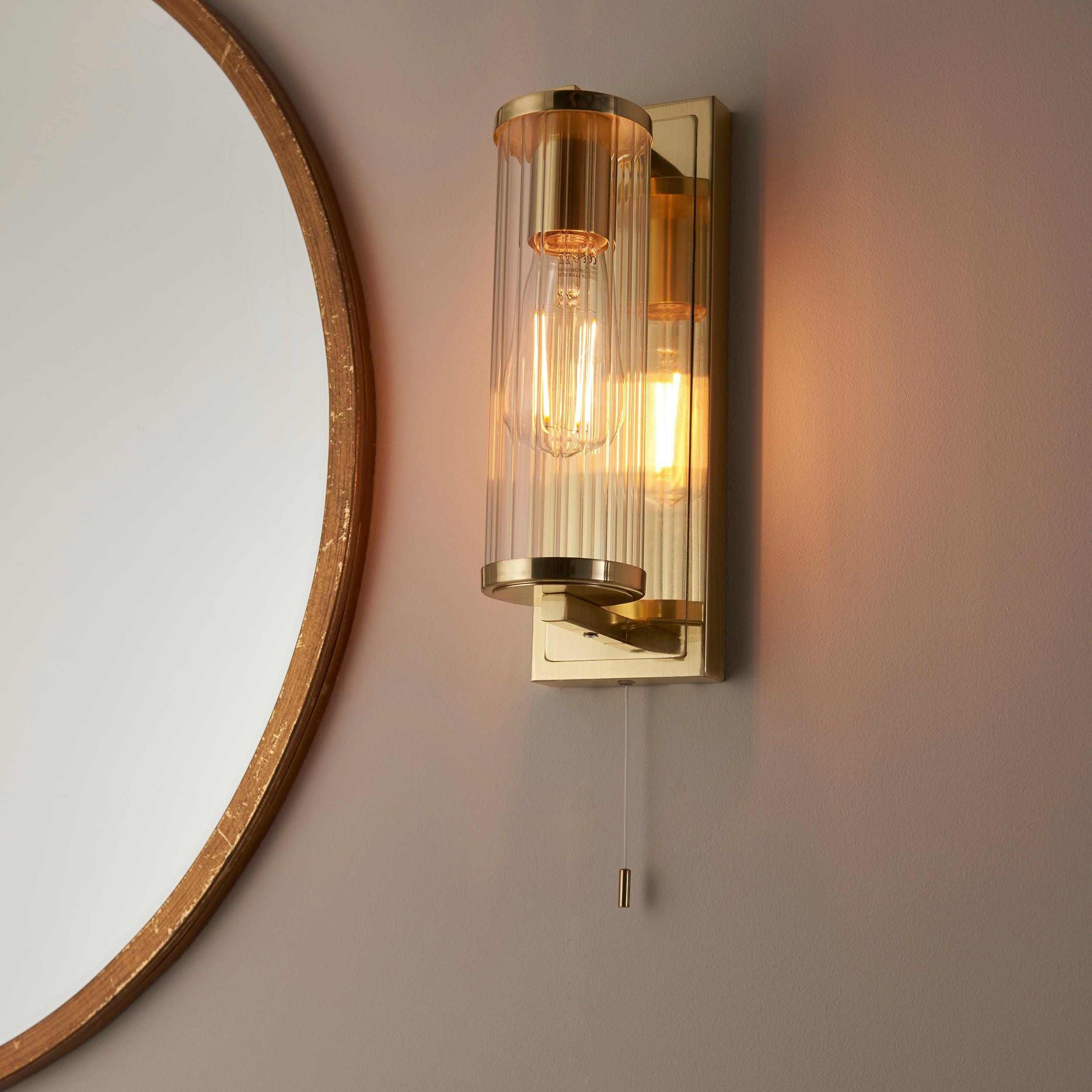 Islington Brass Art Deco Bathroom Wall Light - Glass Shade Living Room Close Up