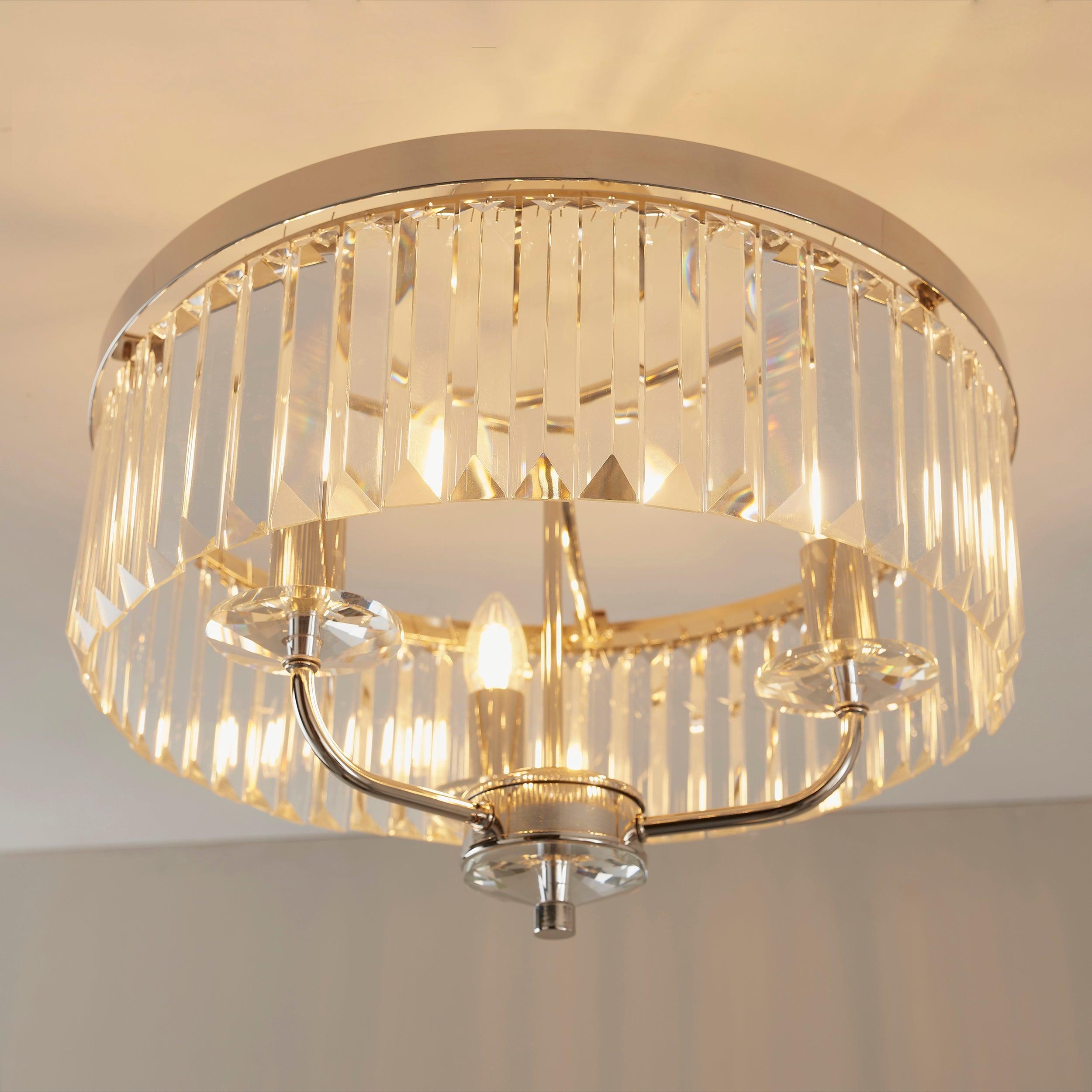 Ealing 3 Light Round Nickel & Clear Cut Glass Semi Flush Hallway close up