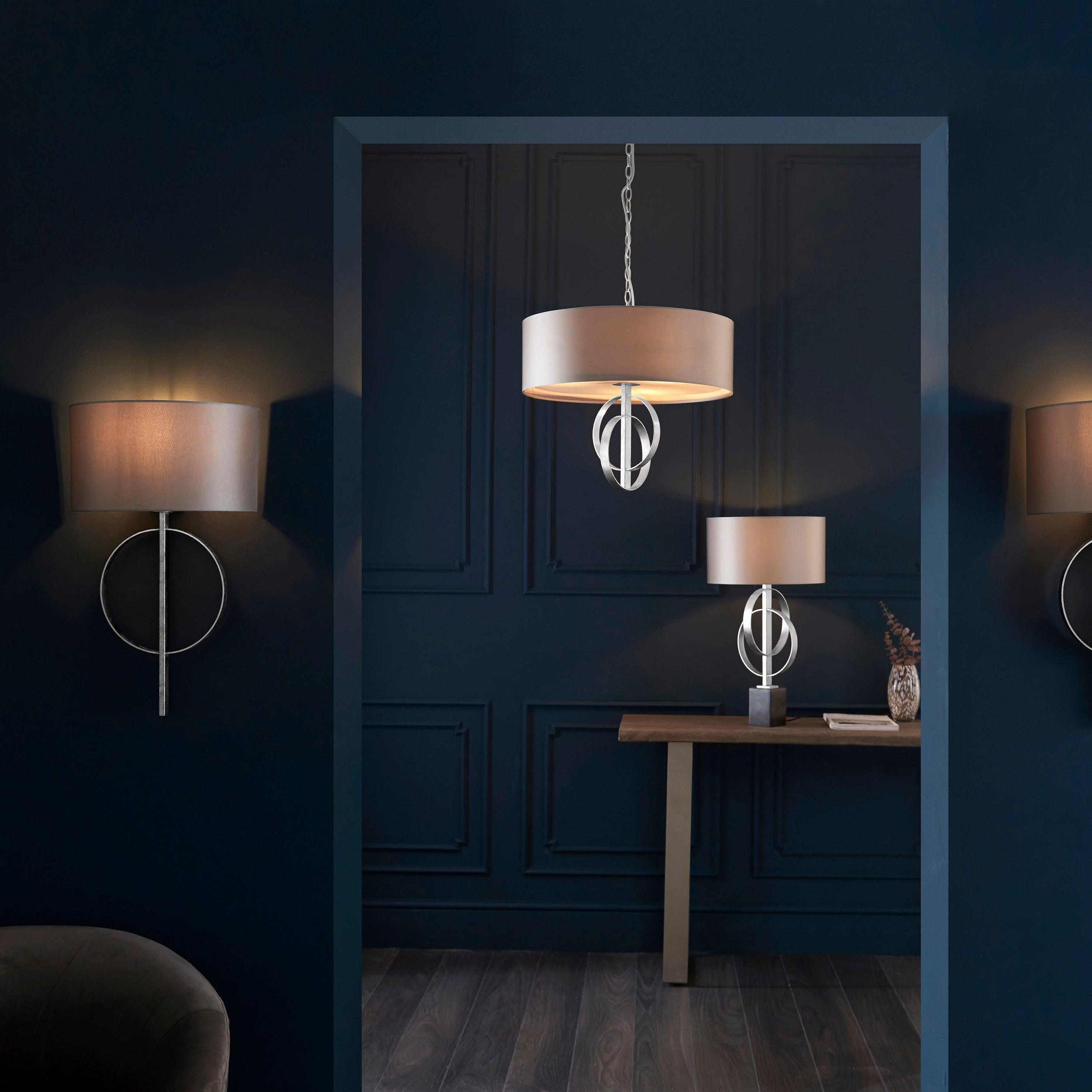 Norfolk 3 Light Silver Leaf Pendant With Large Mink Shade-Ceiling Pendant Lights-Living Lights-4-Tiffany Lighting Direct