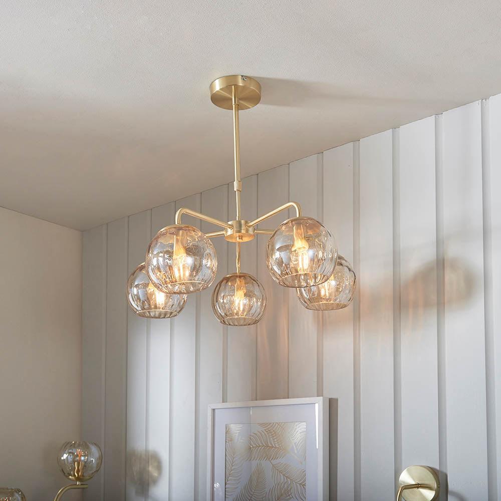 Endon Dimple 5 Light Brass Finish Ceiling Pendant-Ceiling Pendant Lights-Endon Lighting living room close. up unlit Tiffany Lighting Direct