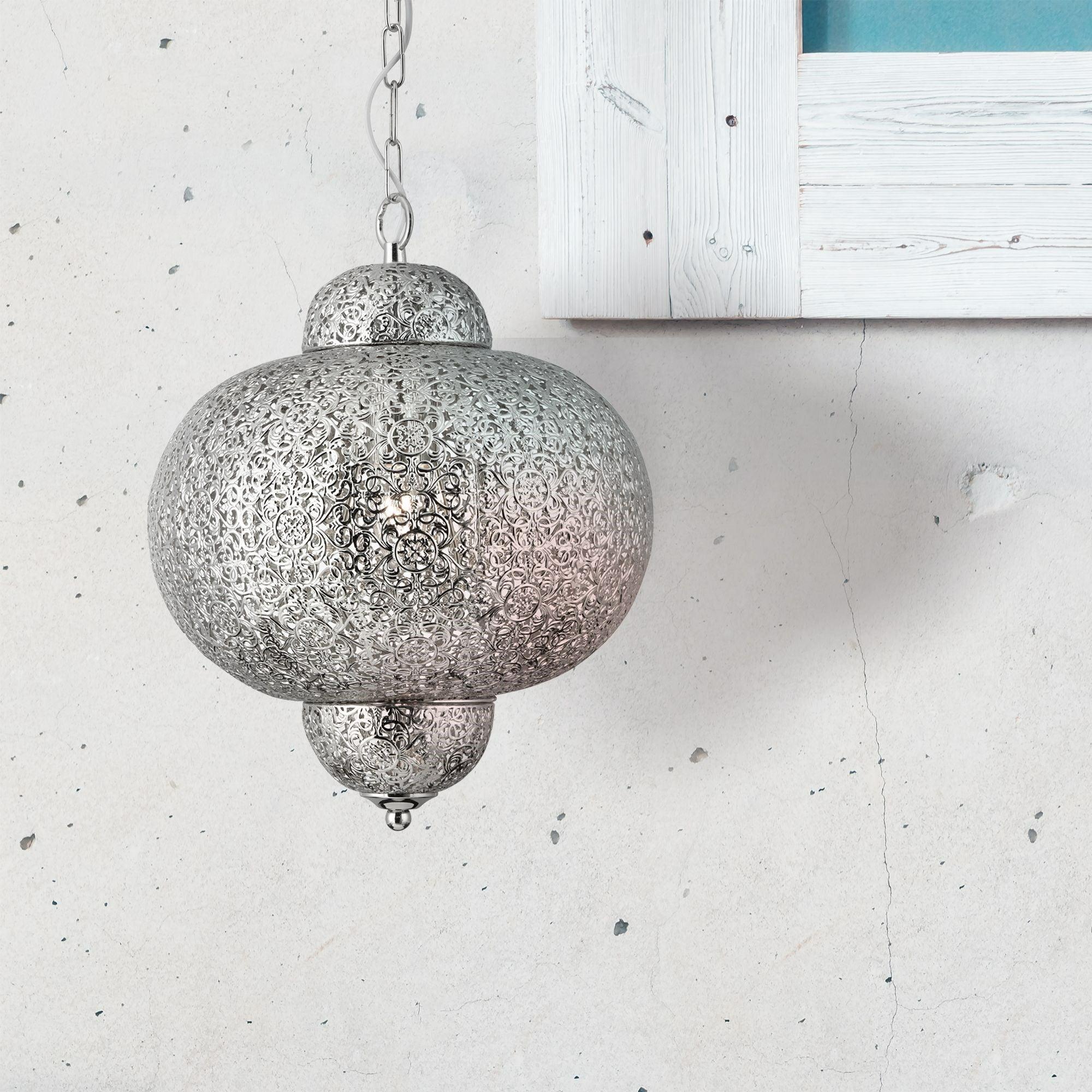 Fretwork 1 Light Moroccan Inspired Shiny Nickel Pendant-Ceiling Pendant Lights-5-Tiffany Lighting Direct