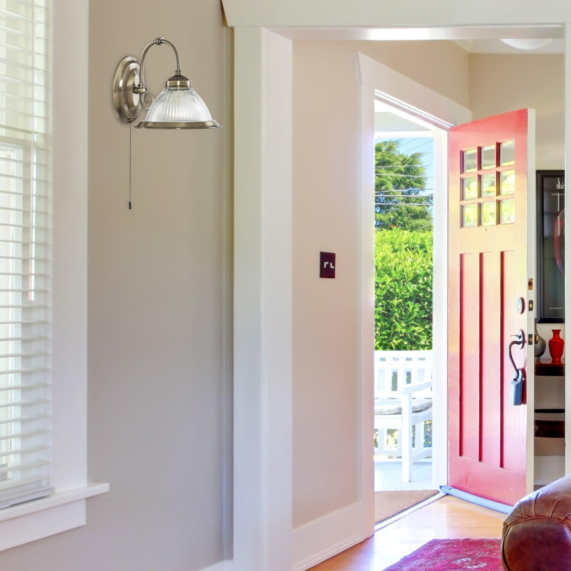 Searchlight American Diner Brass & Ribbed Glass Wall Light dimmable hallway lighting image