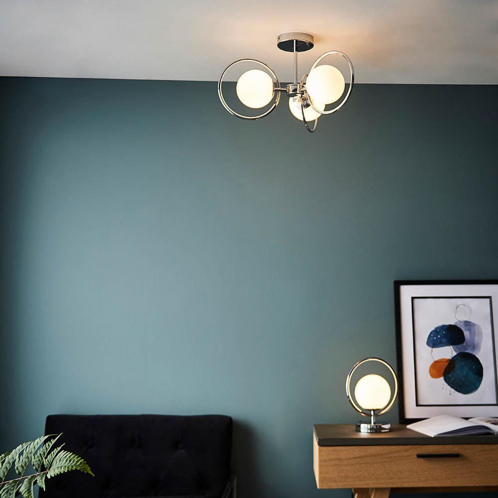 Endon Orb 3 Light Semi Flush Polished Chrome Ceiling Light Living room wide shot
