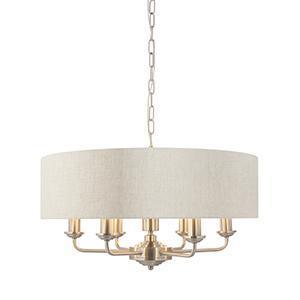 Highclere Brushed Chrome with Linen shade 6lt Pendant by Endon Lighting