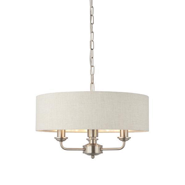 Highclere Brushed Chrome with Linen shade 3lt Pendant by Endon Lighting