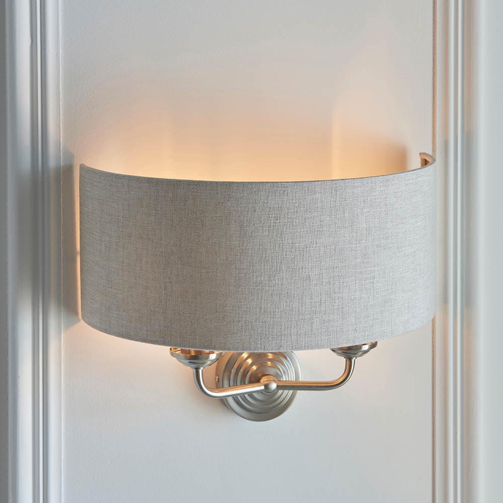 highclere brushed chrome wall light natural linen shade by Endon Lighting Hallway lights Close Up