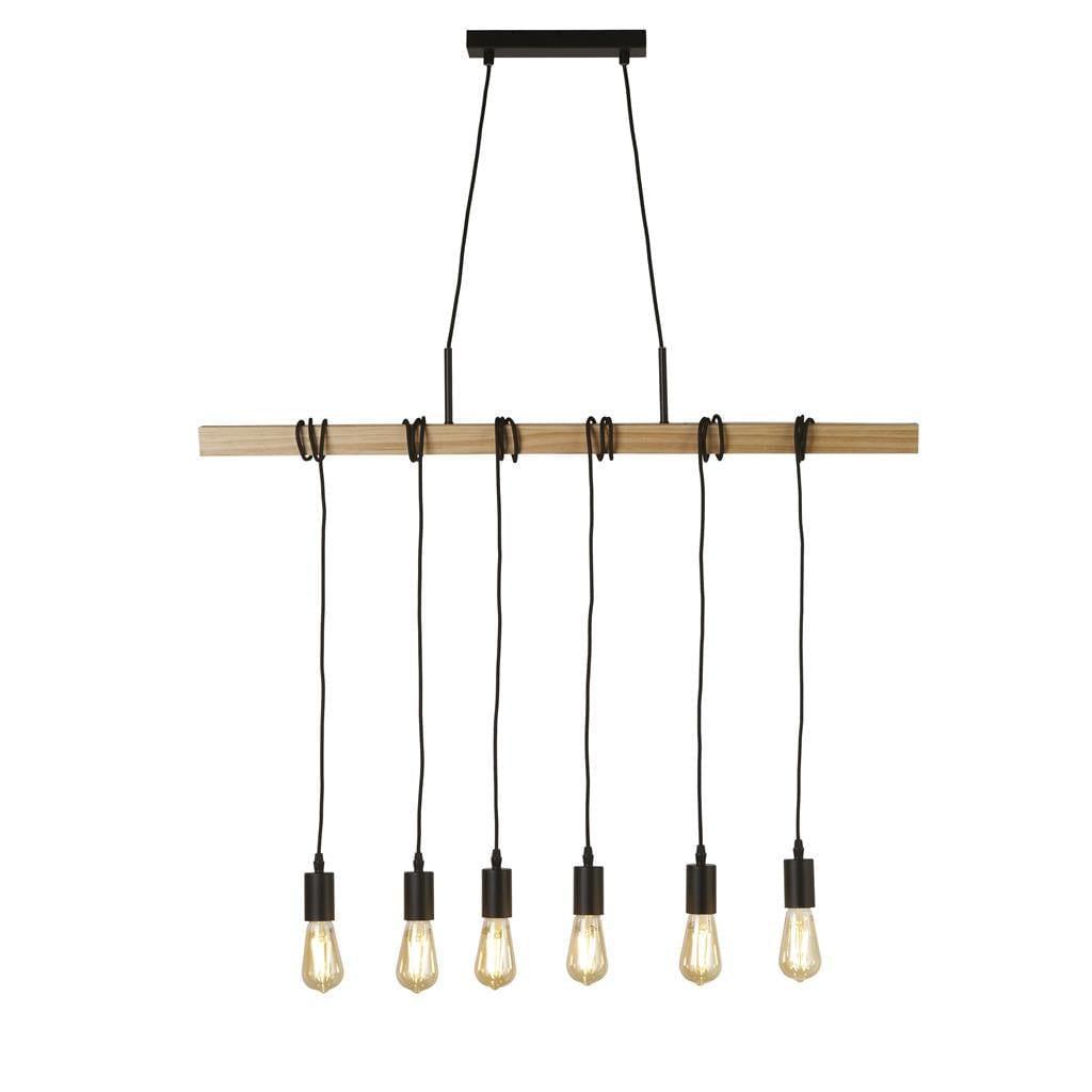 Woody 6 Light Black & Ash Wood Ceiling Pendant Searchlight-Ceiling Pendant Lights-1-Tiffany Lighting Direct