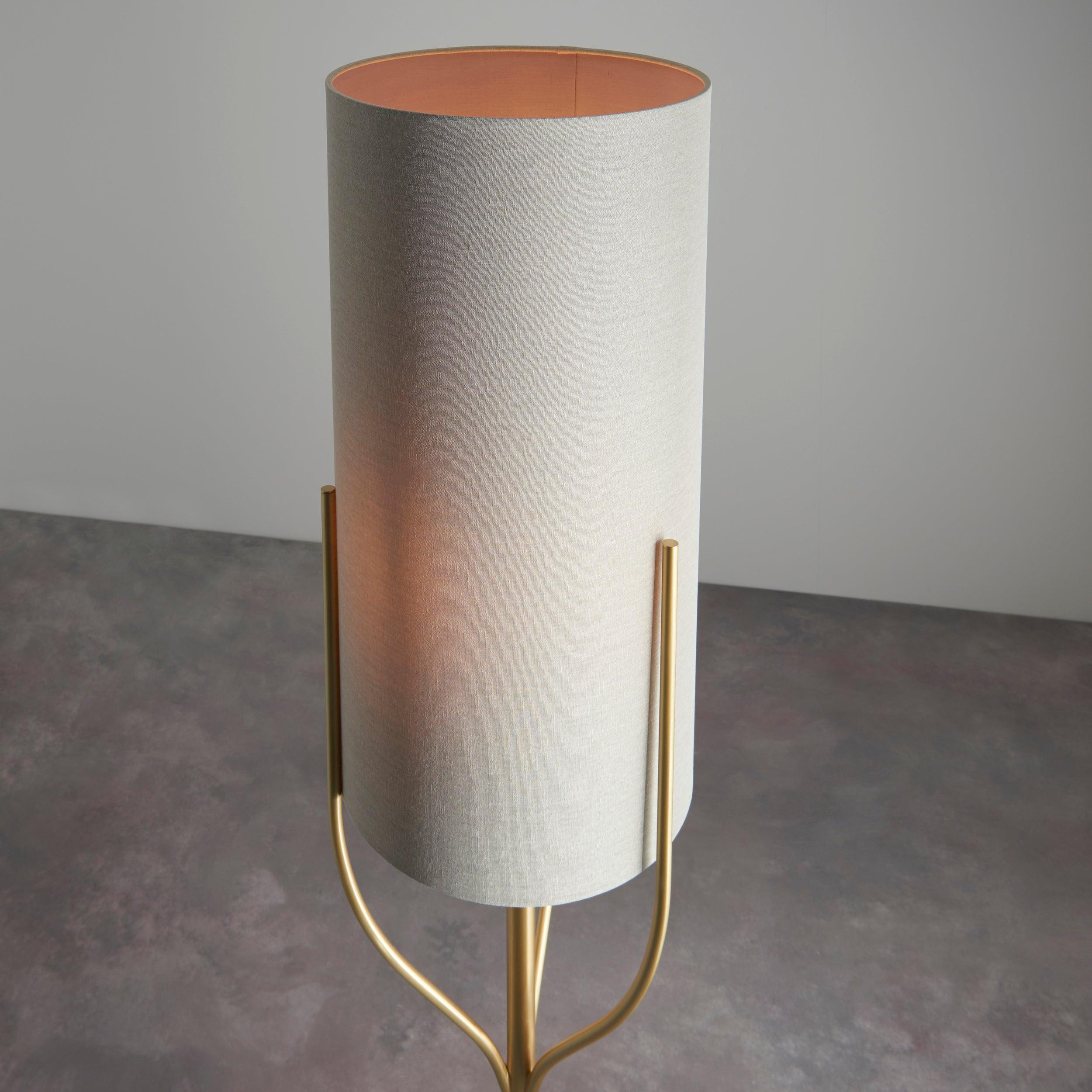 fraser brass floor lamp with natural linen shade by Endon Lighting Living Room Unlit Shot