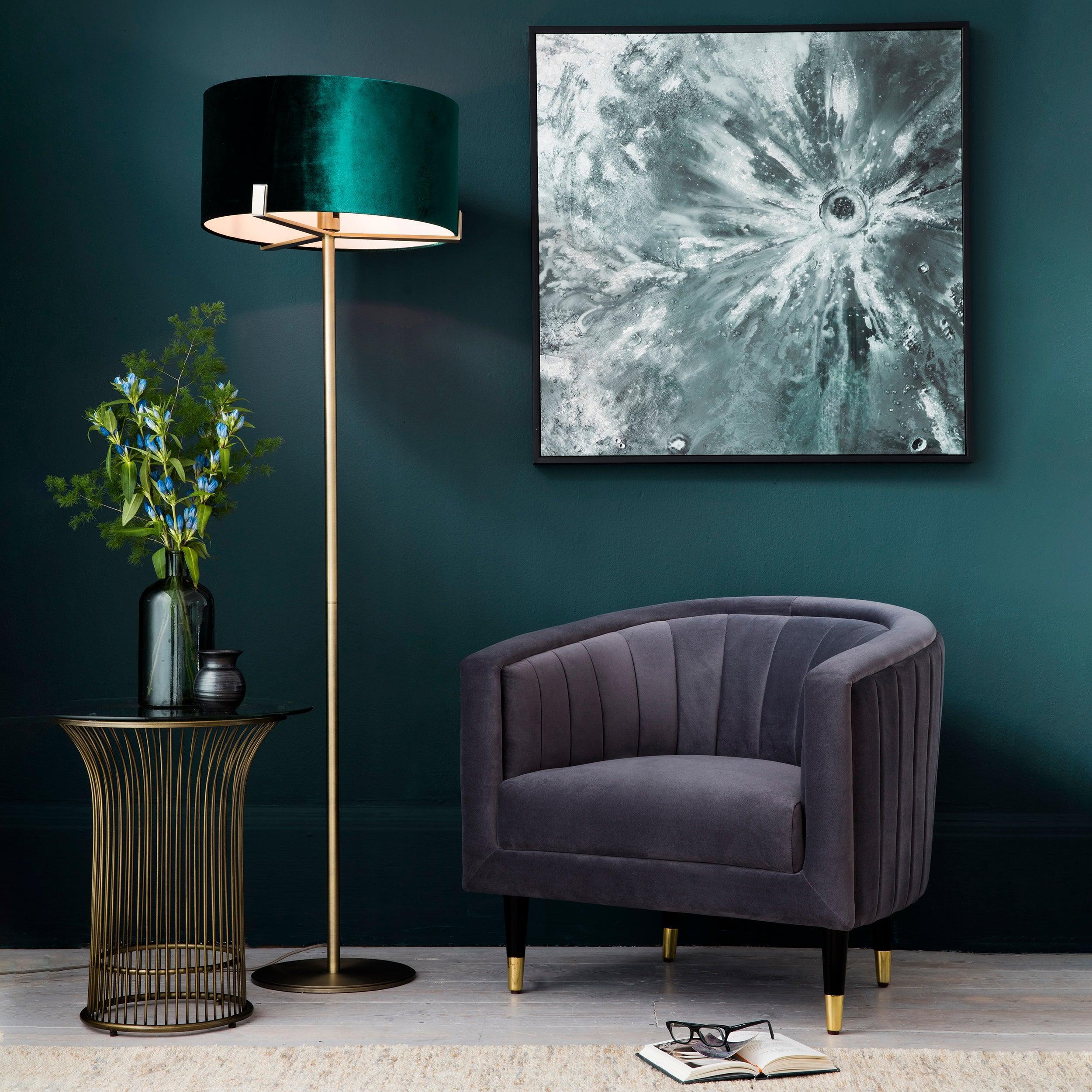 hayfield 1 light bronze floor lamp with green shade by Endon Lighting Living room close up image