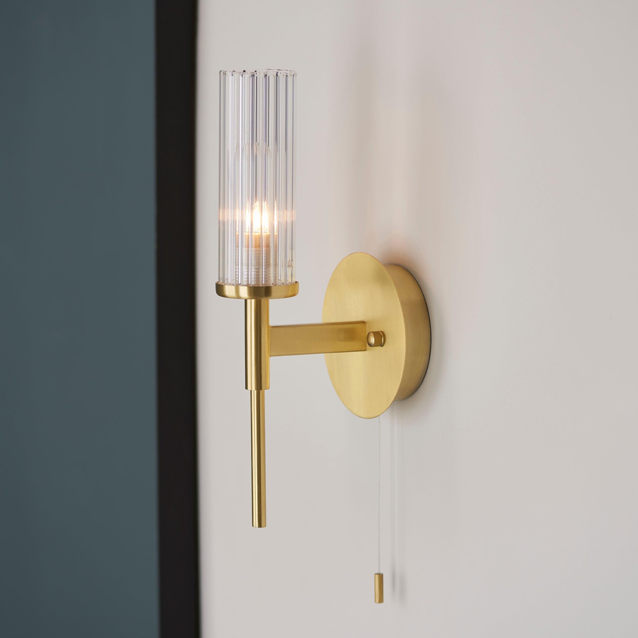 Talo Brass & Ribbed Cylinder Glass Shaded Bathroom Wall Light Living Room Close Up