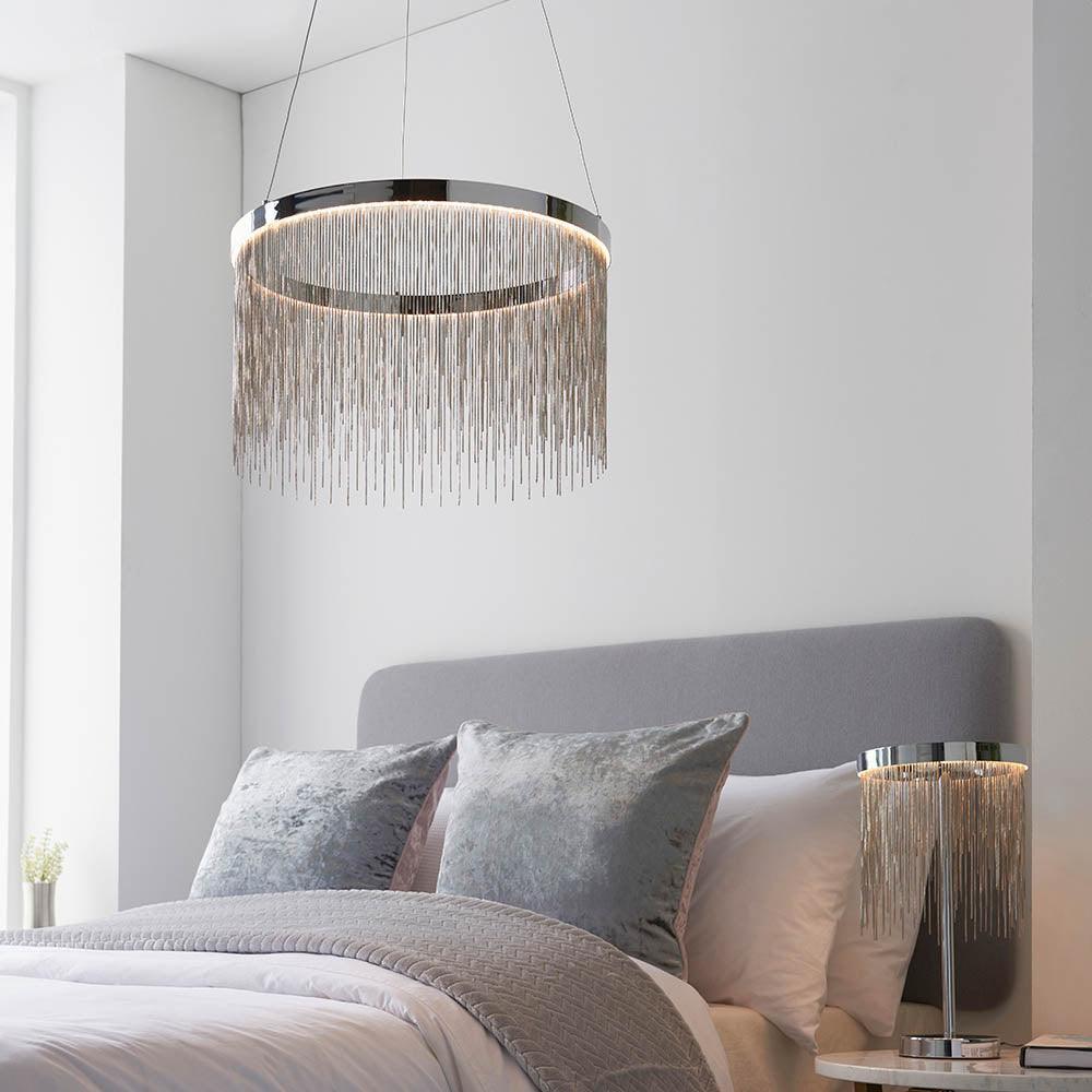 Endon Zelma CCT 1 Light Polished Chrome Ceiling Pendant-Ceiling Pendant Lights-Endon Lighting living room close. up unlit Tiffany Lighting Direct