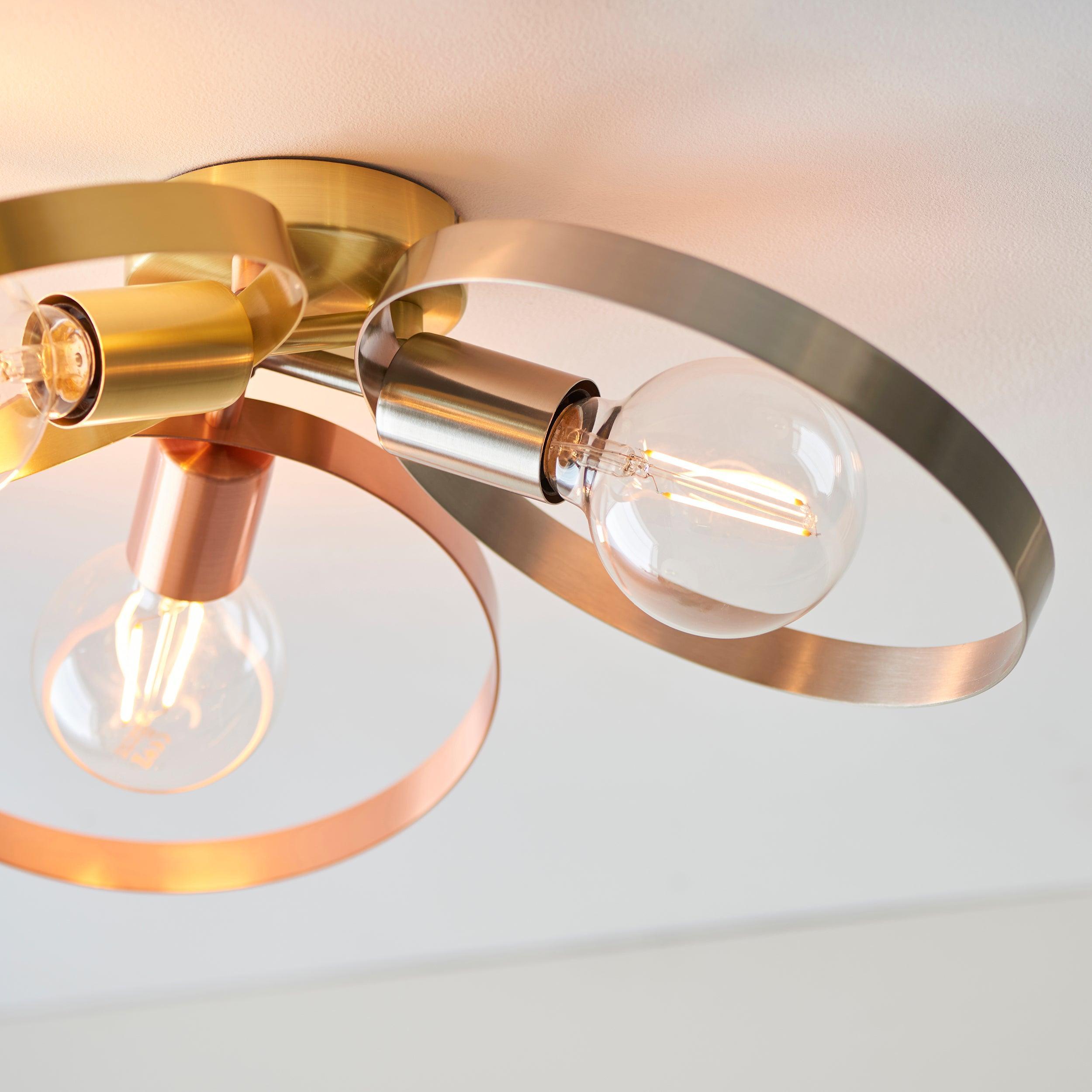 Endon Hoop 3 Light Brass Semi Flush Ceiling Light Hallway close up
