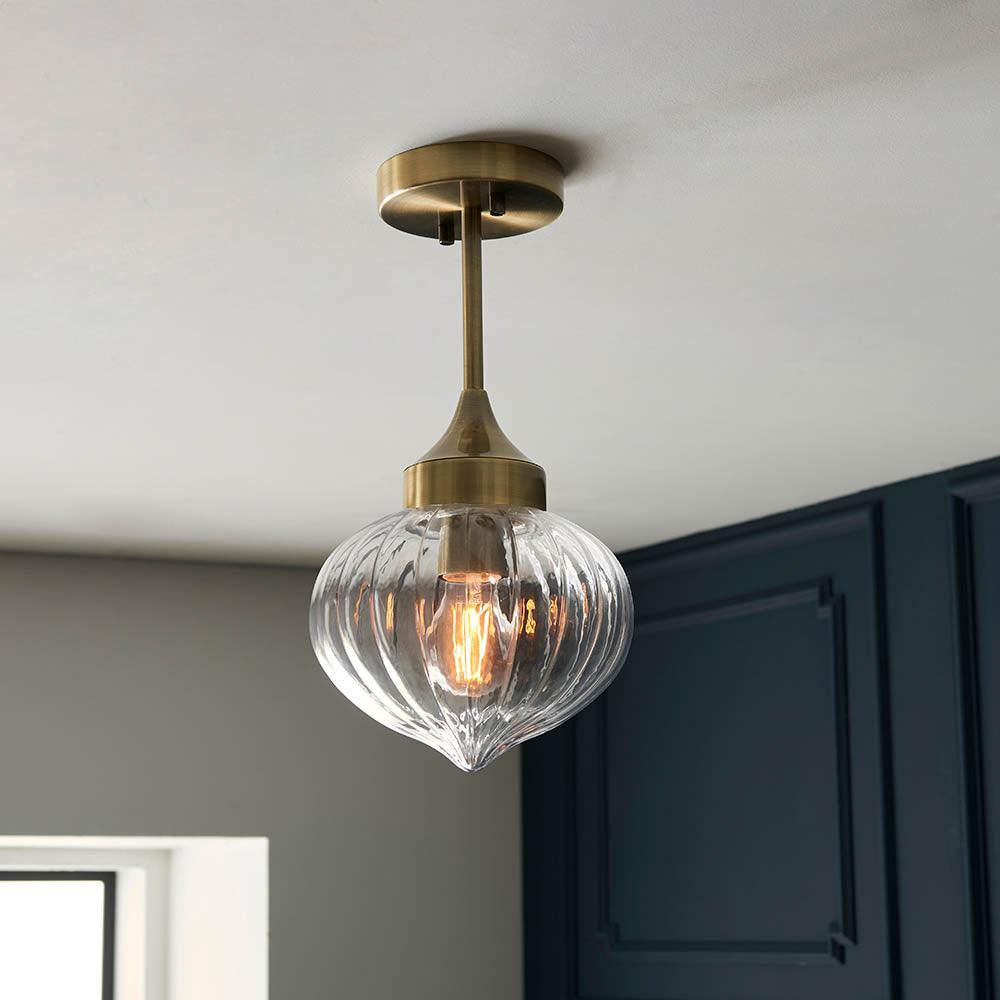 Addington 1 Light Antique Brass Finish Semi Flush Ceiling Light 97684 living room alt angle close up shot