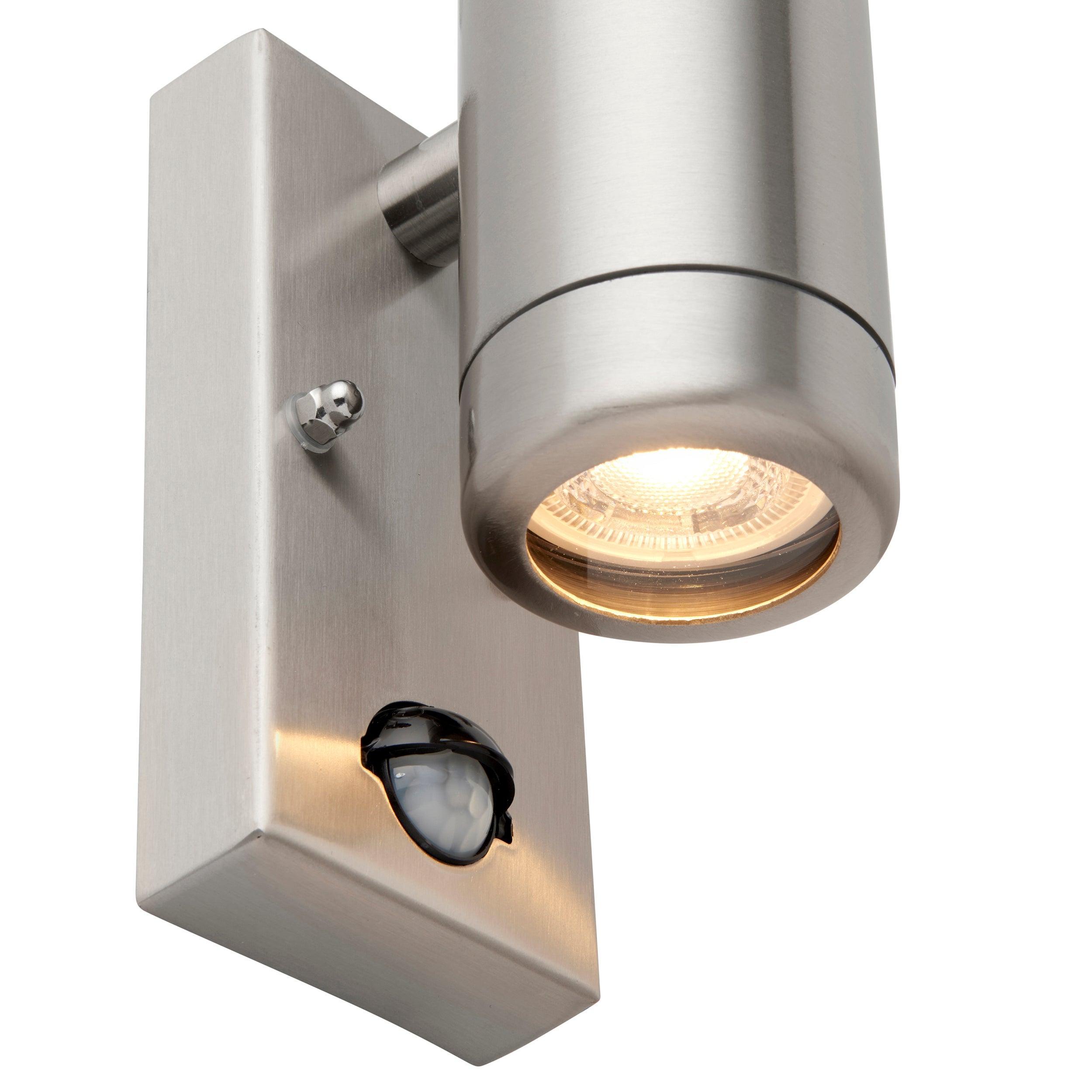 odyssey pir steel twin outdoor wall light ip44 7w by saxby lighting, close up image 75