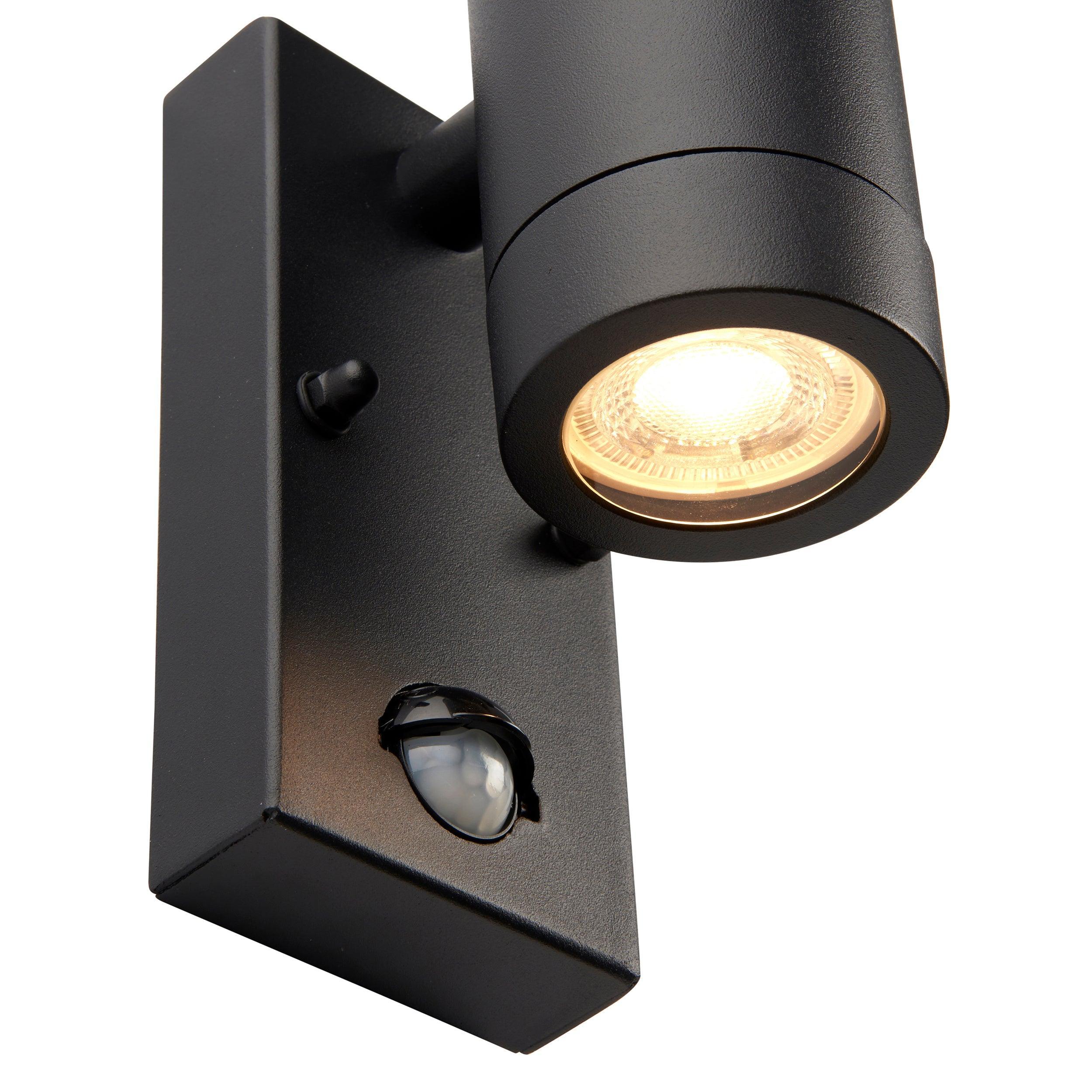odyssey pir black twin outdoor wall light ip44 7w by saxby lighting, close up image 74