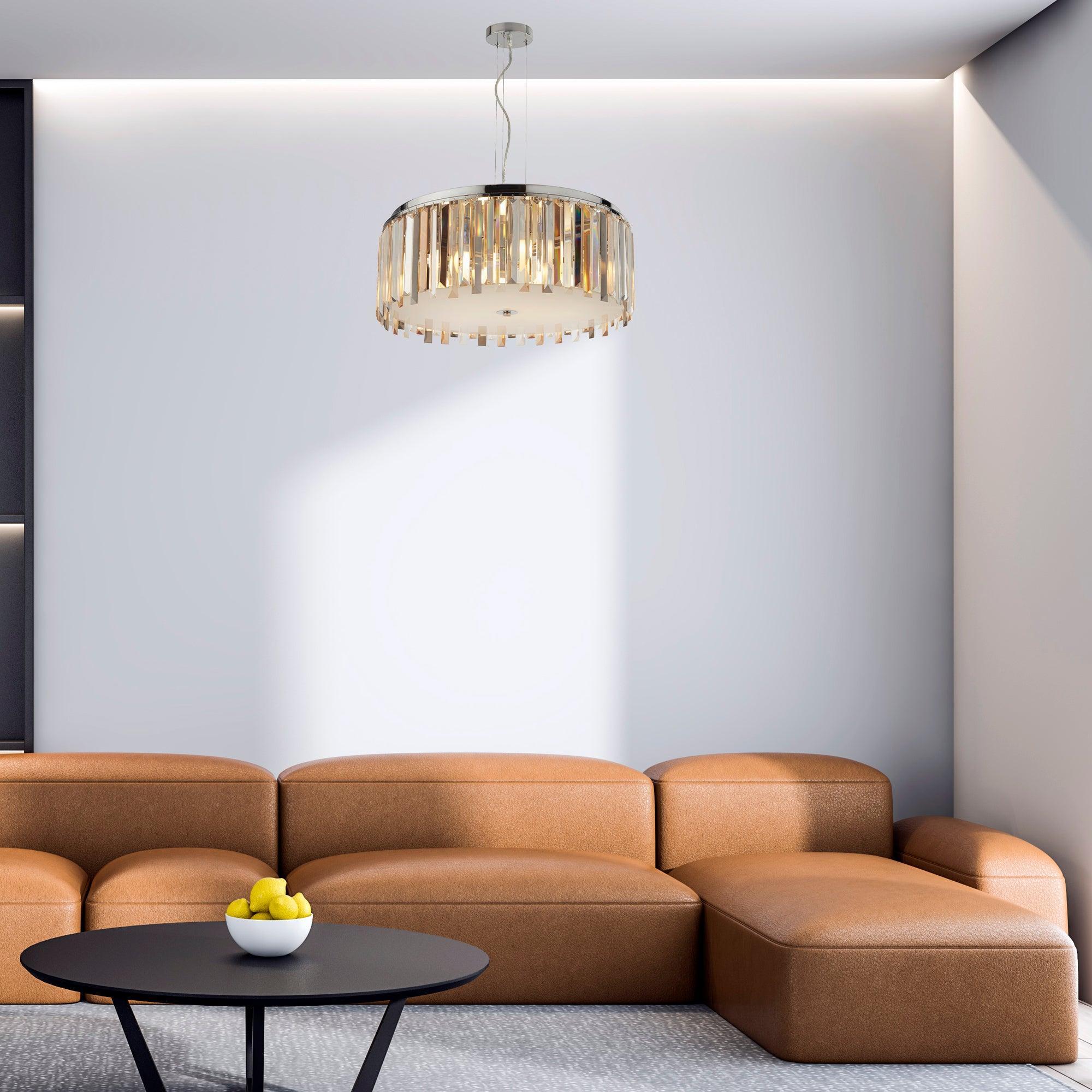 Clarissa 5 Light Chrome Drum Pendant - Crystal Prism Drops-Ceiling Pendant Lights-5-Tiffany Lighting Direct