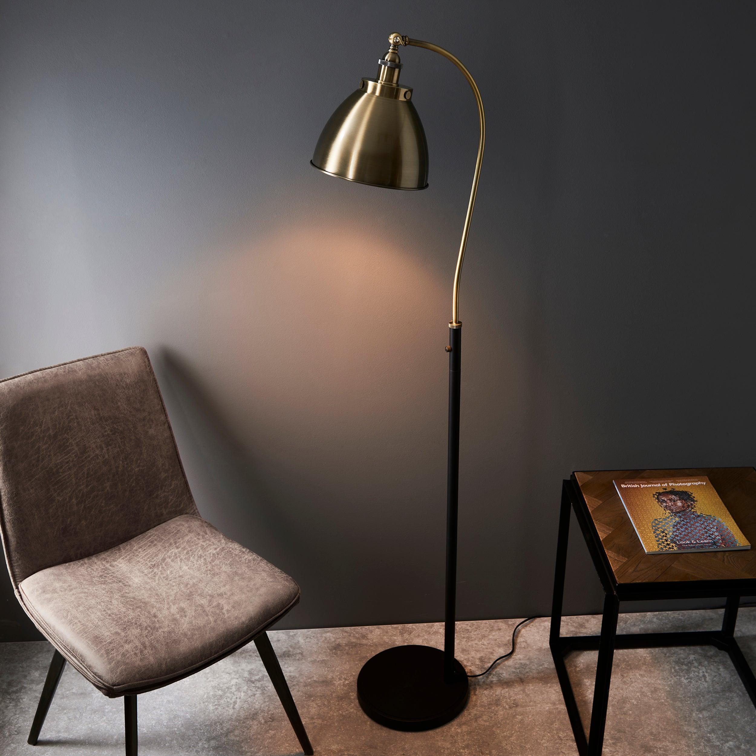 franklin 1 light brass black floor lamp by Endon Lighting Living room close up image