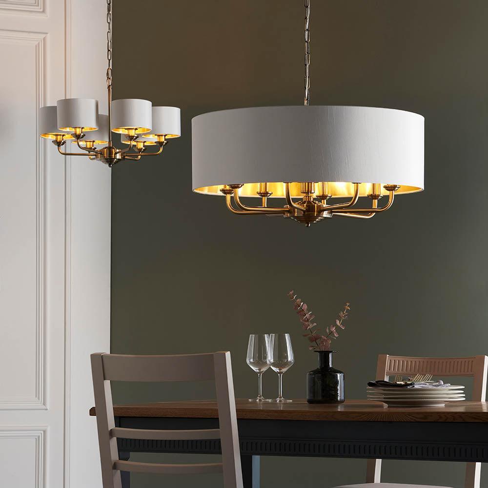 Endon Highclere 8 Light Antique Brass Pendant Ceiling Light-Ceiling Pendant Lights-Endon Lighting living room close. up unlit Tiffany Lighting Direct