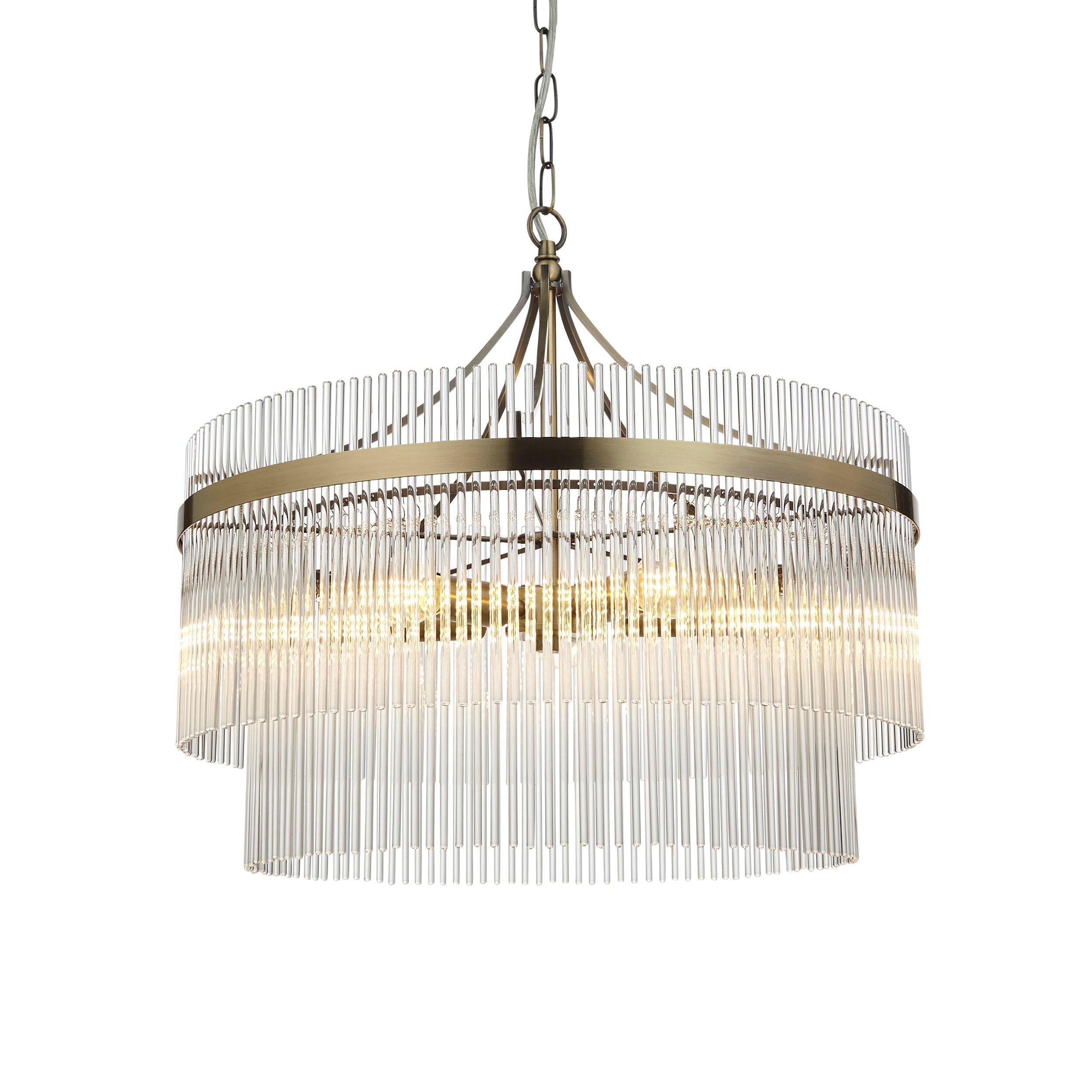 Marietta Brass 5 Light Ceiling Pendant - Glass Rods-Ceiling Pendant Lights-Endon Lighting living room close. up unlit Tiffany Lighting Direct