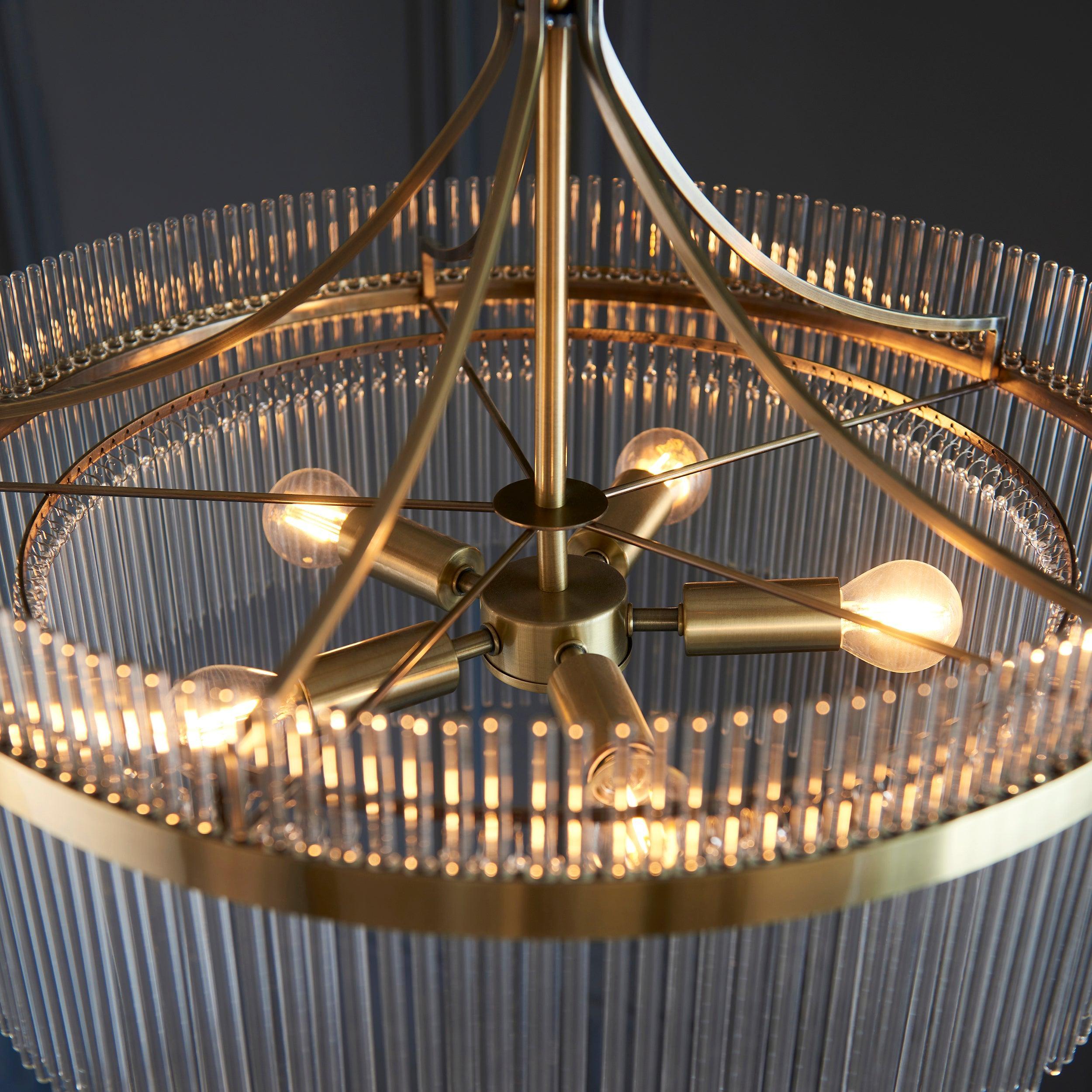 Marietta Brass 5 Light Ceiling Pendant - Glass Rods-Ceiling Pendant Lights-Endon Lighting Bedrooom Lighting close up Tiffany Lighting Direct