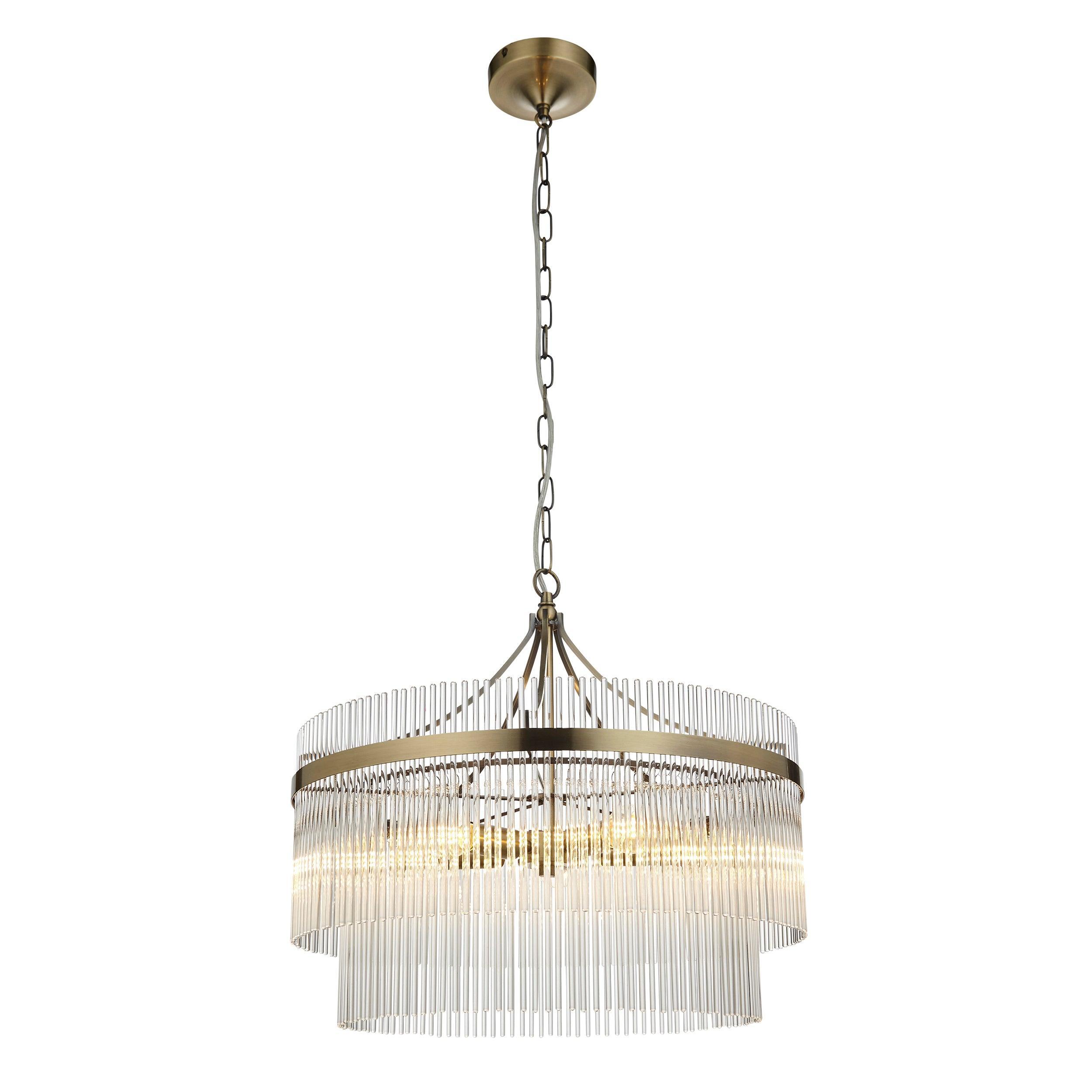 Marietta Brass 5 Light Ceiling Pendant - Glass Rods-Ceiling Pendant Lights-Endon Lighting Living Room Wide Shot Lighting Tiffany Lighting Direct