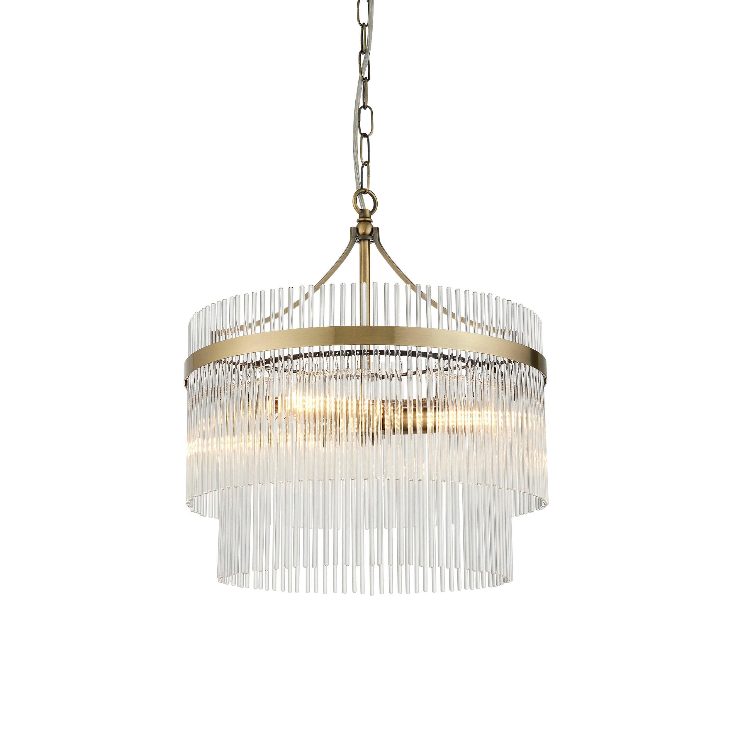 Marietta Brass 3 Light Ceiling Pendant - Glass Rods-Ceiling Pendant Lights-Endon Lighting Living Room Close Up Lighting Tiffany Lighting Direct
