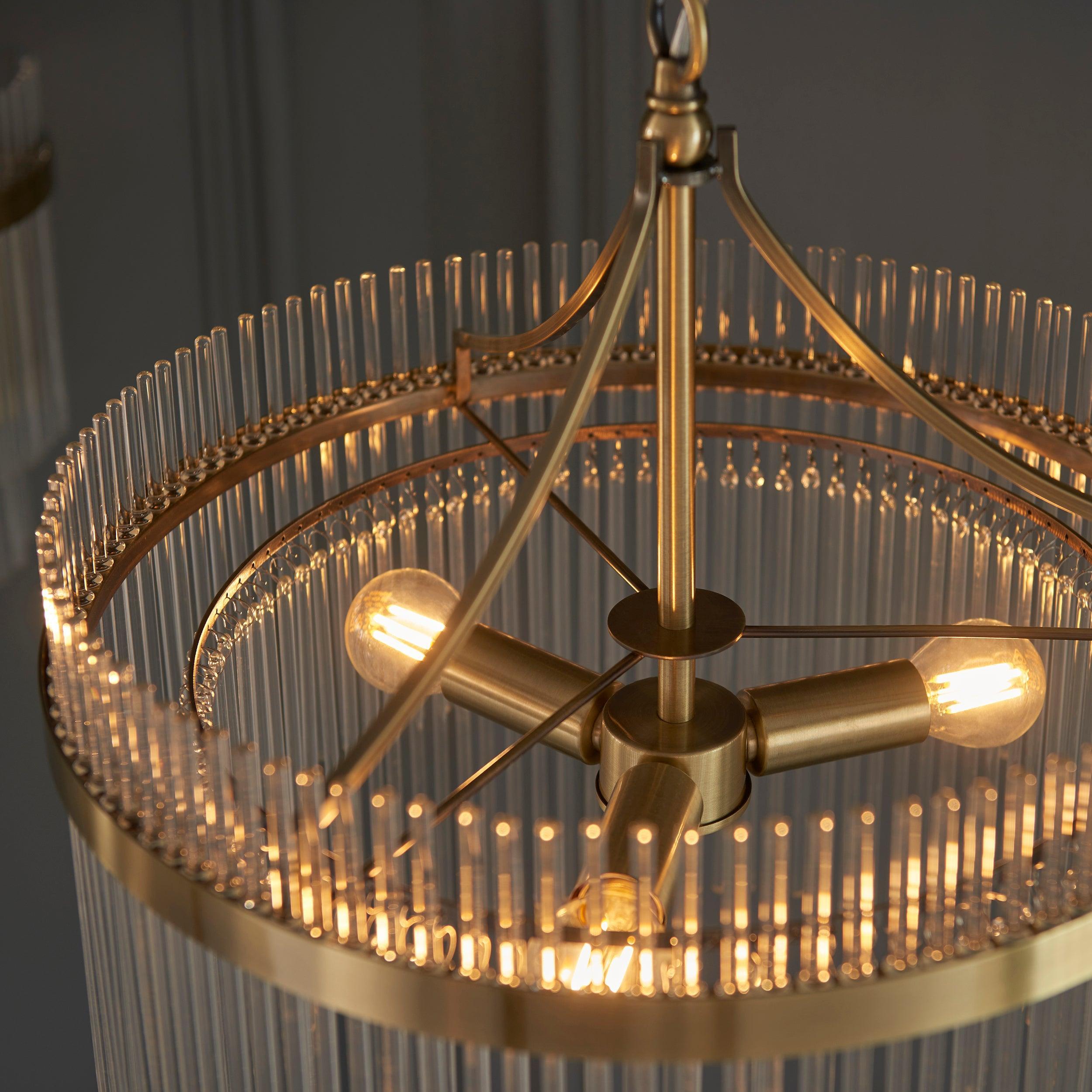 Marietta Brass 3 Light Ceiling Pendant - Glass Rods-Ceiling Pendant Lights-Endon Lighting living room close. up unlit Tiffany Lighting Direct
