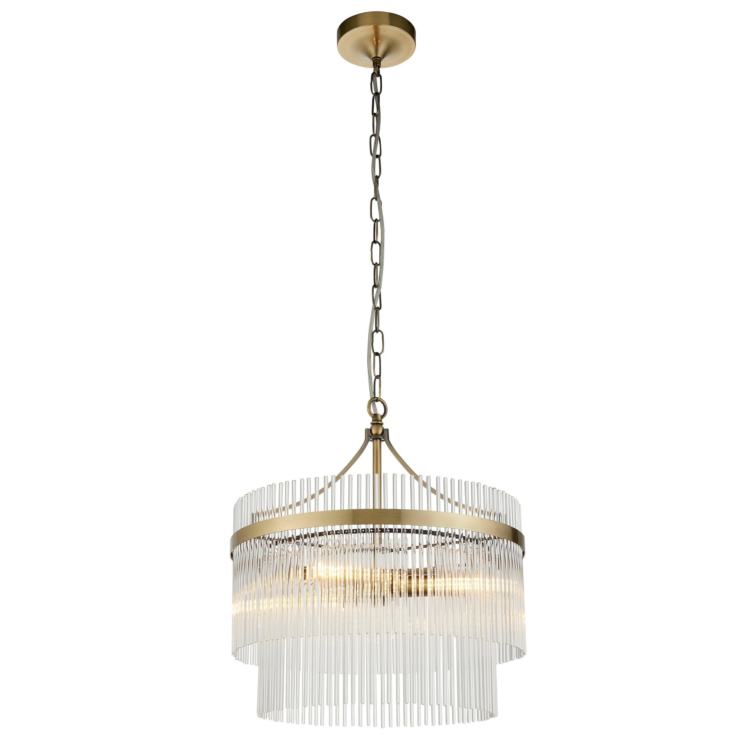 Marietta Brass 3 Light Ceiling Pendant - Glass Rods-Ceiling Pendant Lights-Endon Lighting Hallway Lighting Family Image Tiffany Lighting Direct
