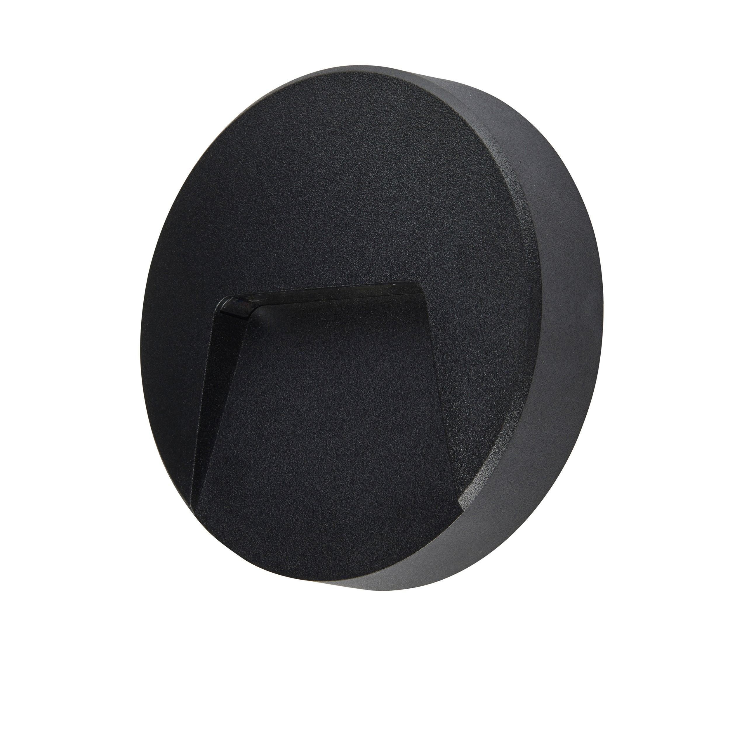 severus black round outdoor wall light ip65 2 8w cctby Saxby Lighting, close up image