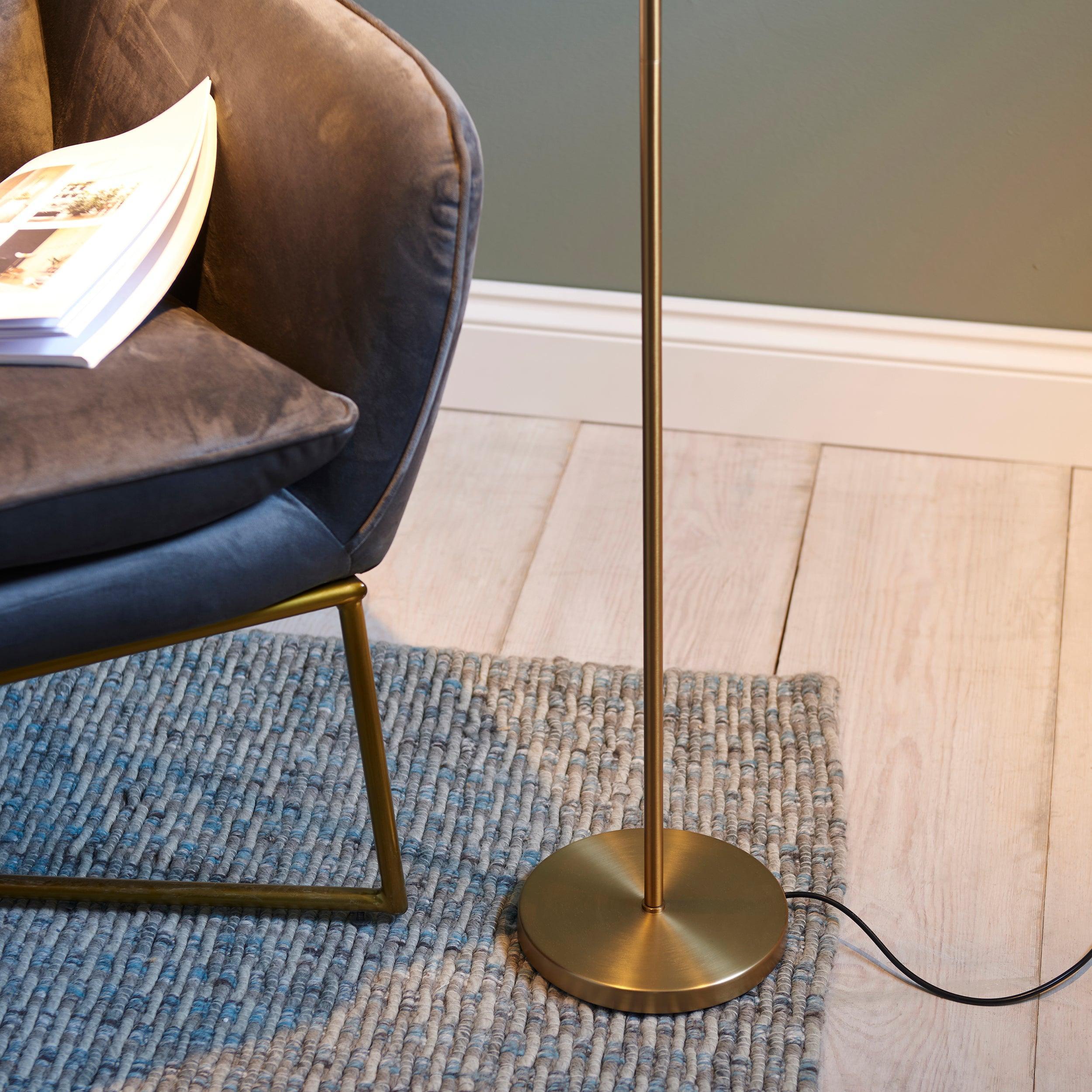 dedicated reader brass led floor lamp by Endon Lighting Bedroom Close Up Image