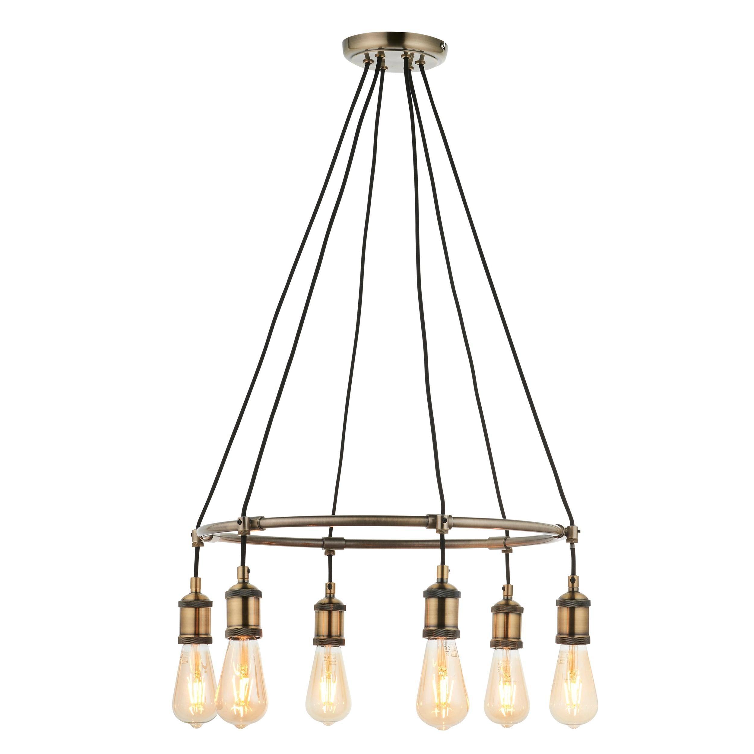 Endon Hal 6 Light Antique Brass Pendant Ceiling Light-Ceiling Pendant Lights-Endon Lighting Living Room Lighting Tiffany Lighting Direct