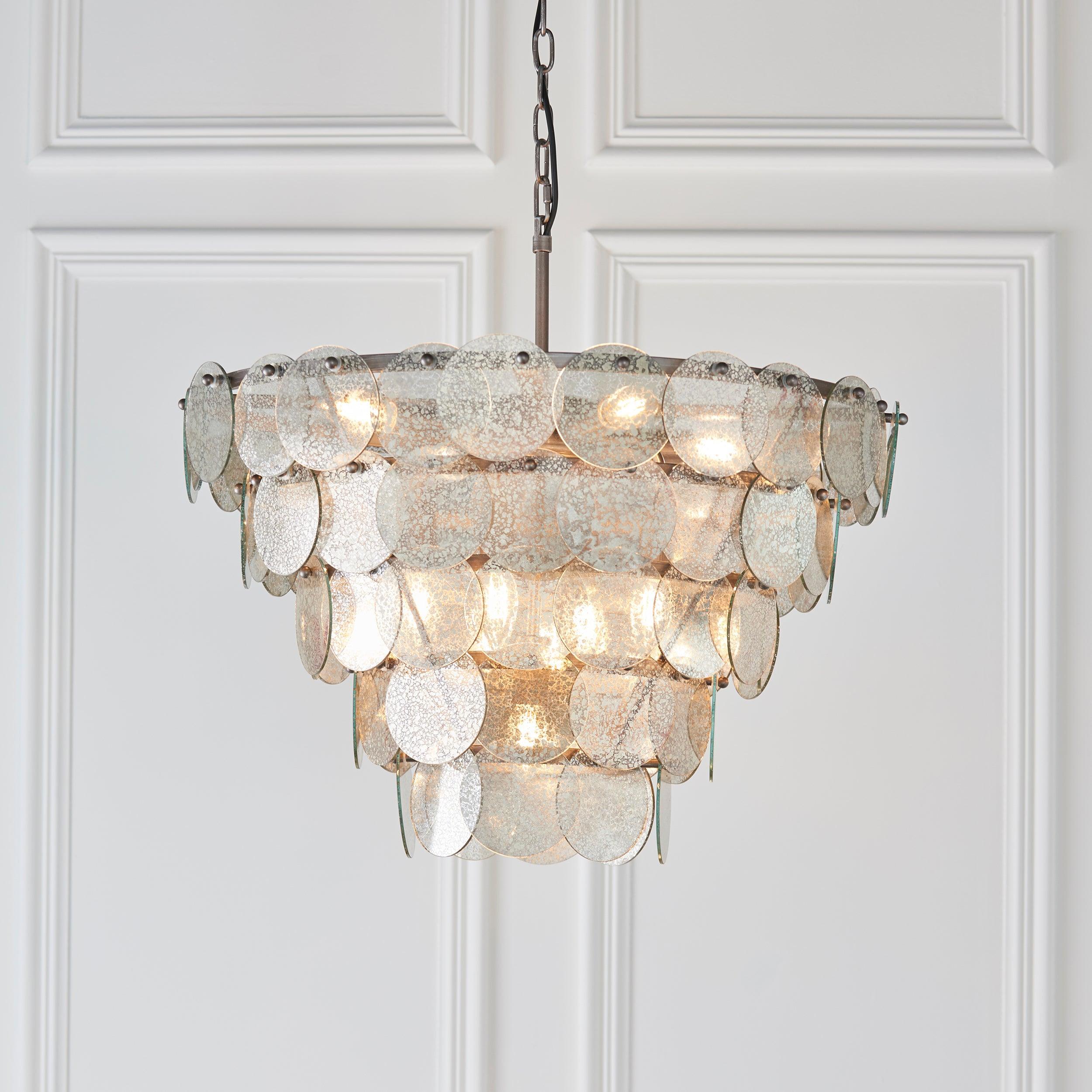 Littlehampton 9 Light Silver Pendant - Mercury Glass Discs-Ceiling Pendant Lights-Living Lights-2-Tiffany Lighting Direct